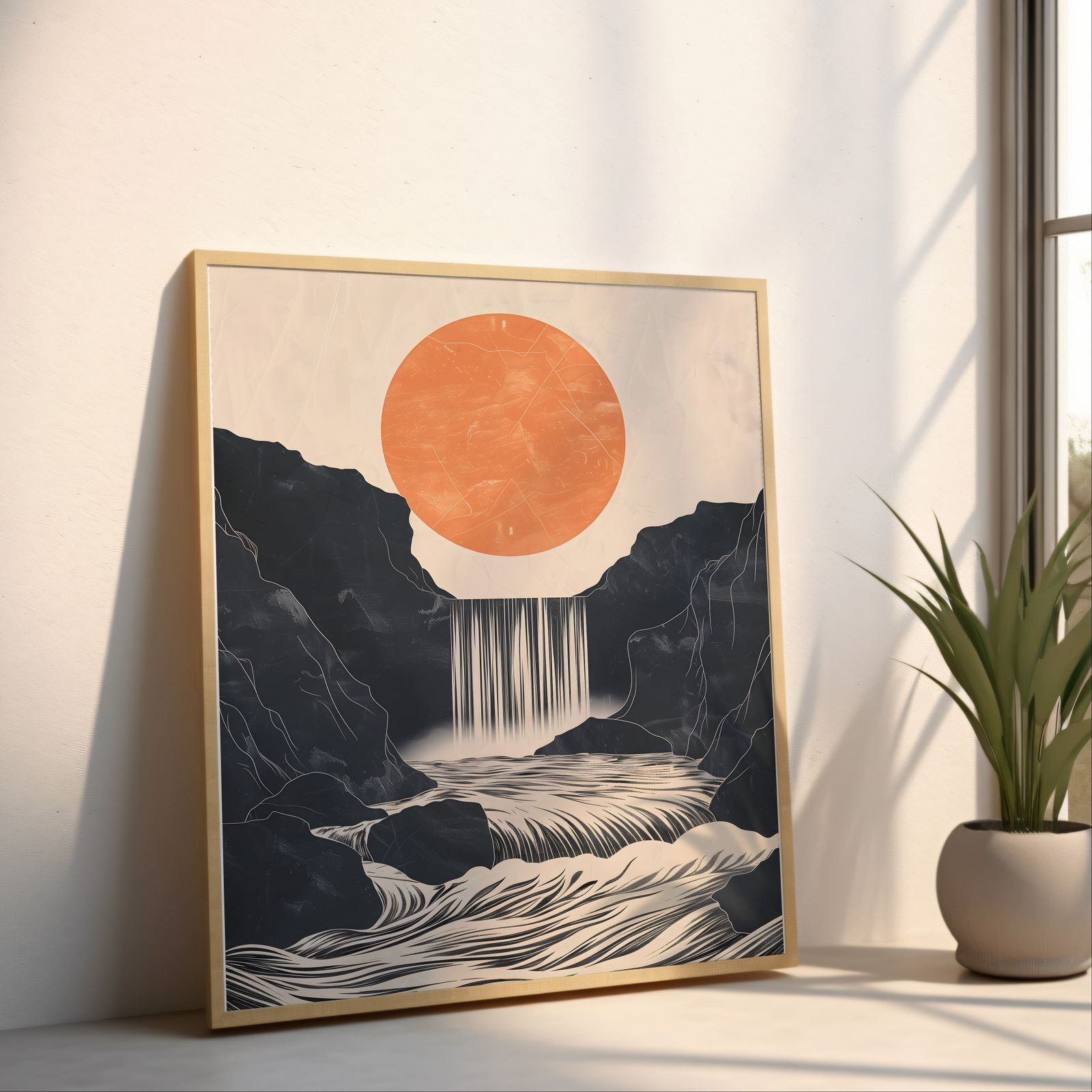 River Rising shown in a room — angled mockup