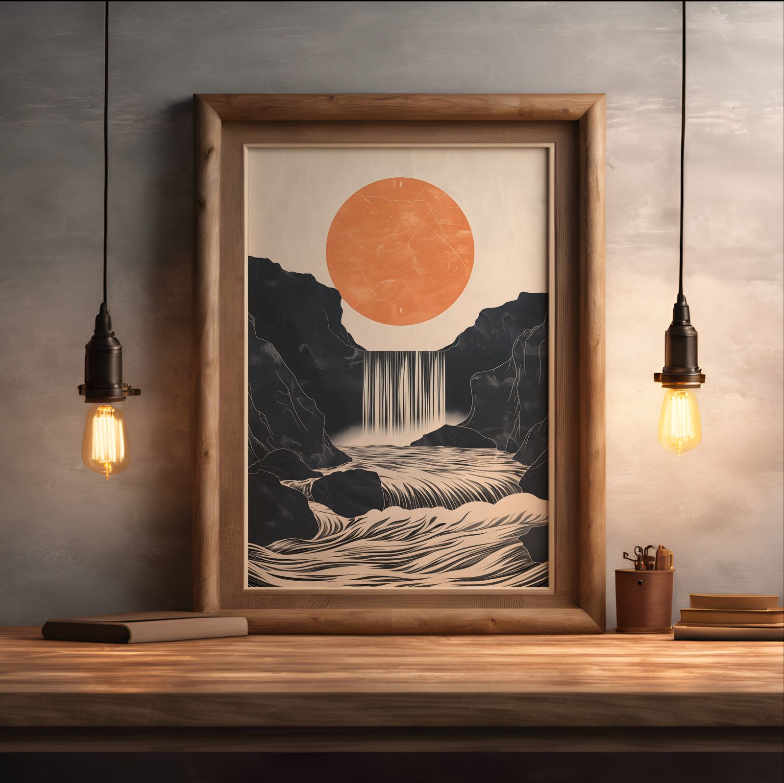 River Rising shown in a room — desk mockup
