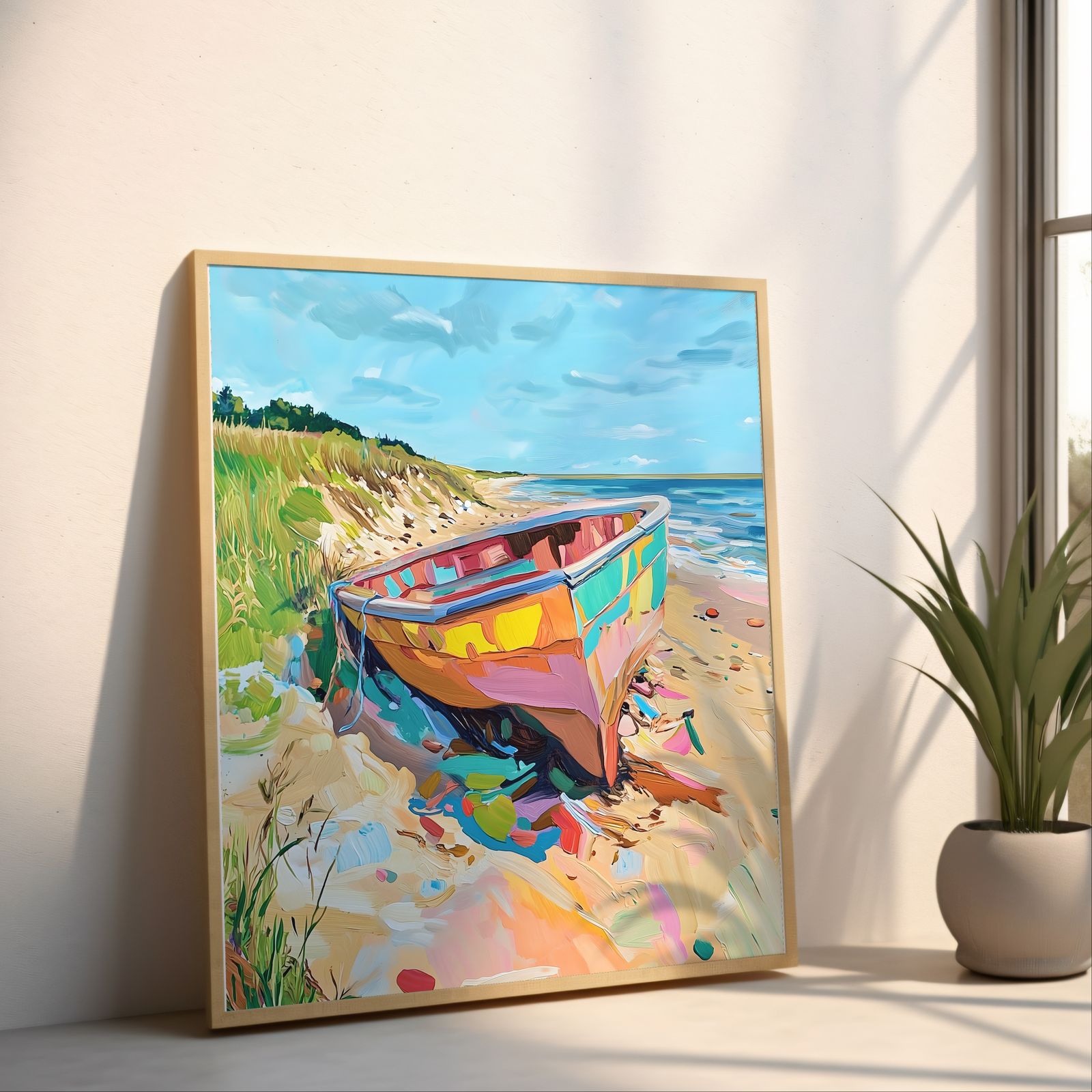 Rowboat on the Beach shown in a room — angled mockup