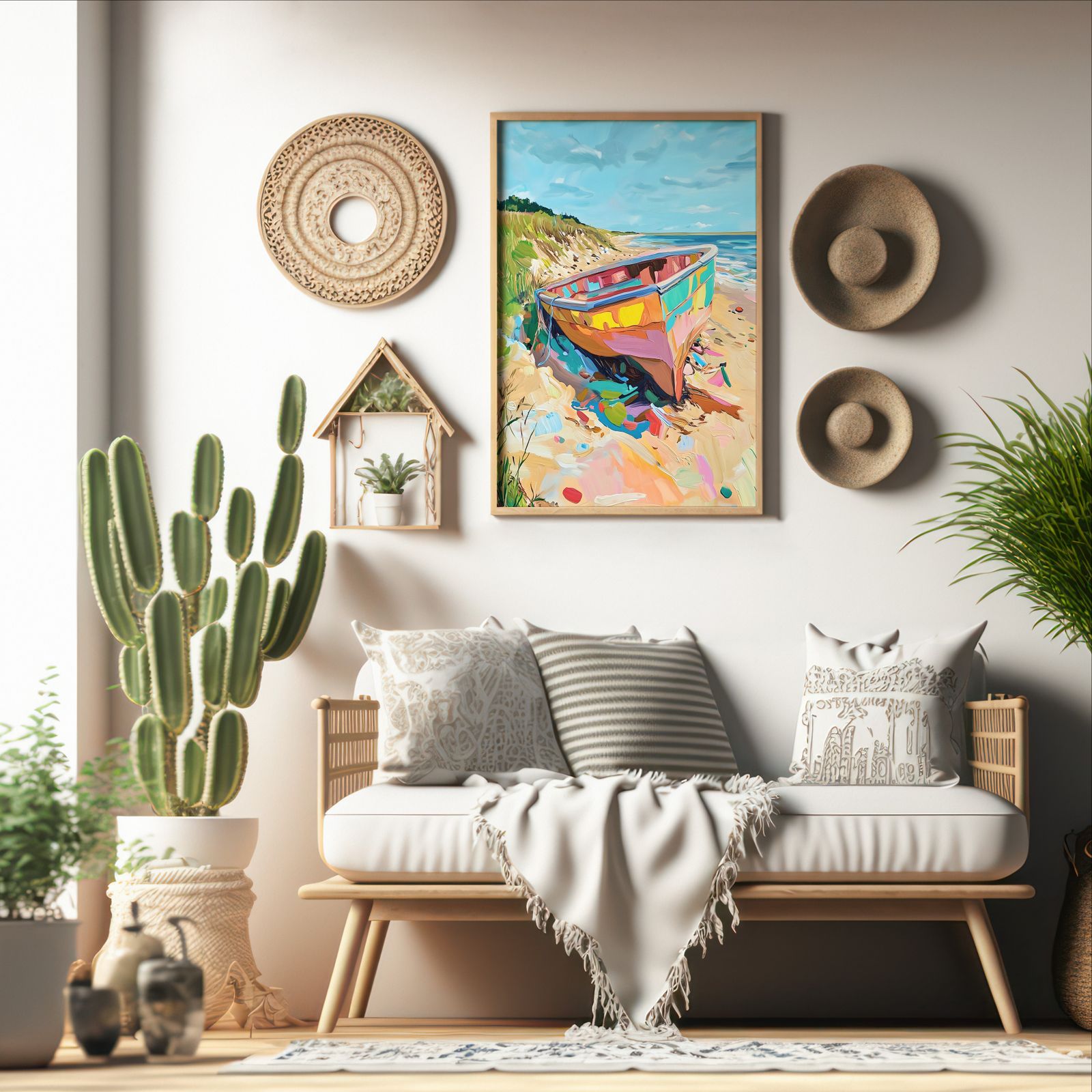 Rowboat on the Beach shown in a room — boho mockup