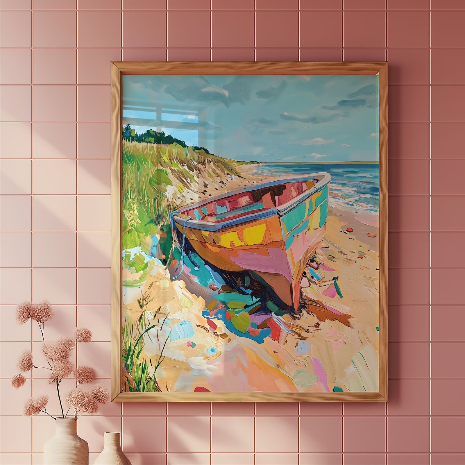 Rowboat on the Beach shown in a room — tile mockup