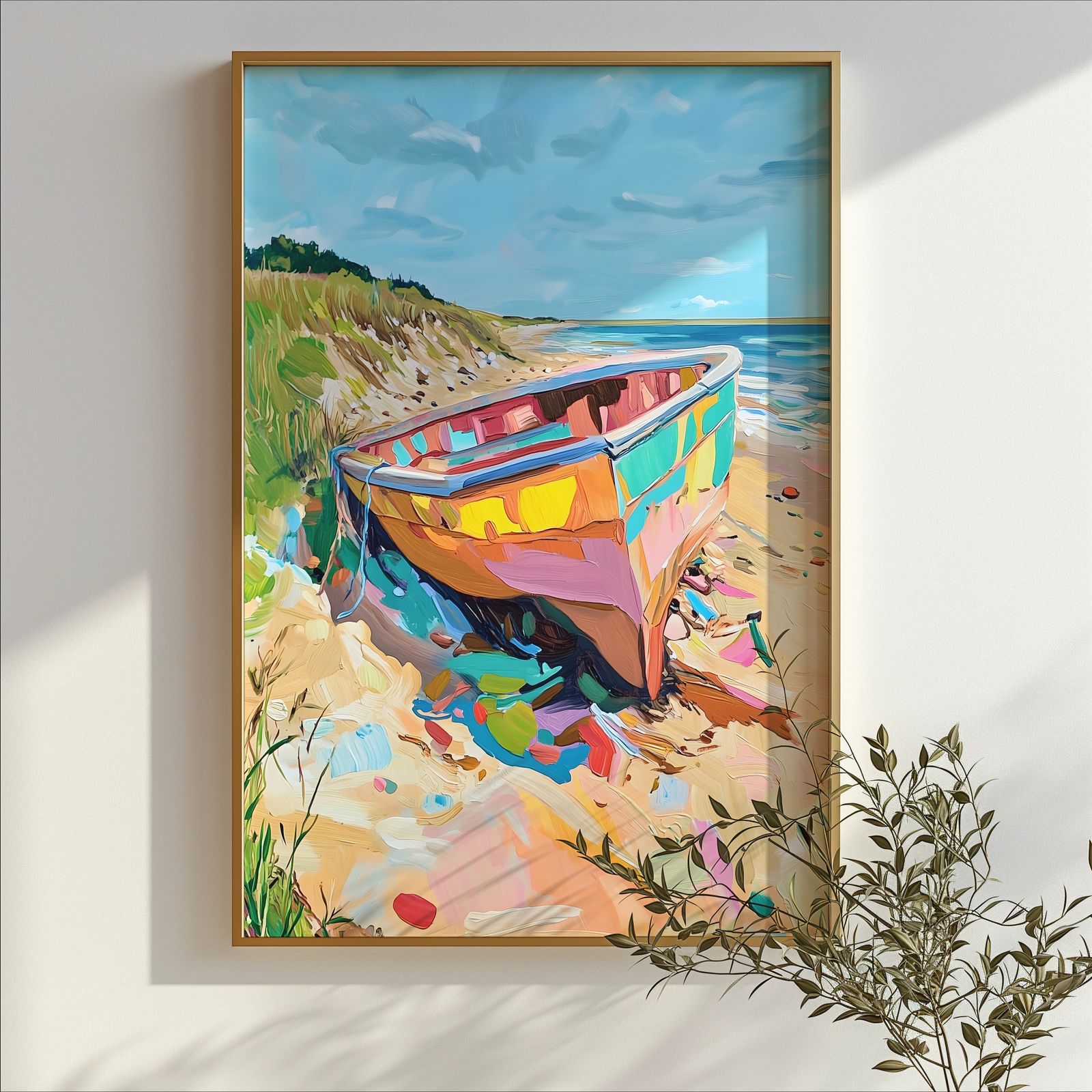 Rowboat on the Beach shown in a room — branch mockup