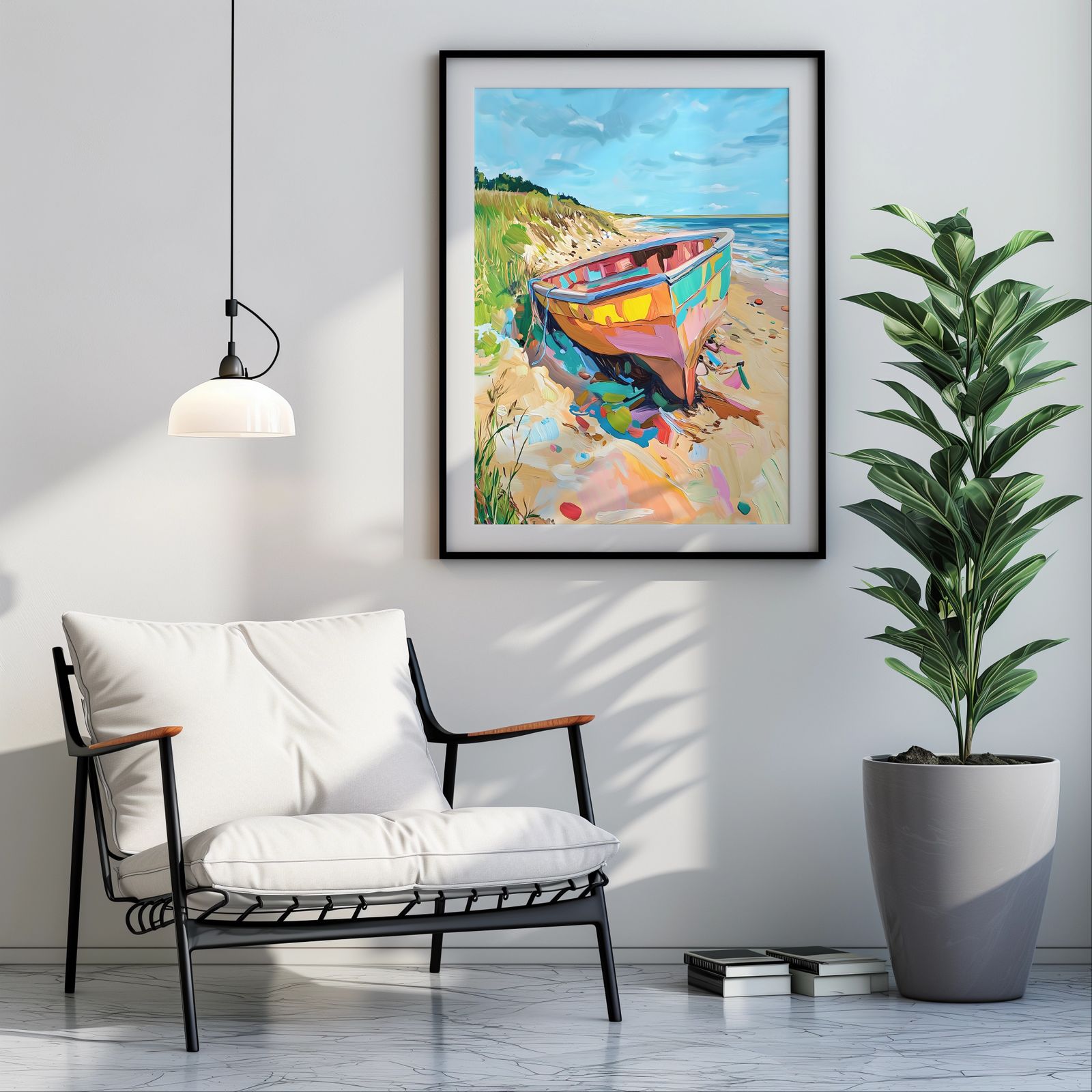 Rowboat on the Beach shown in a room — room mockup