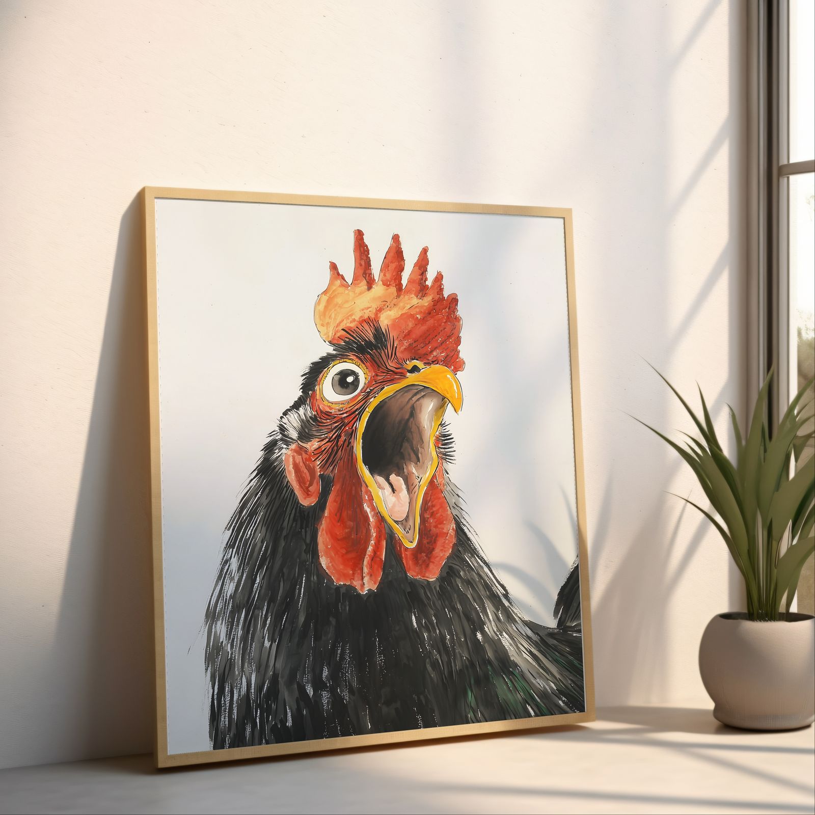 Screaming Rooster shown in a room — angled mockup