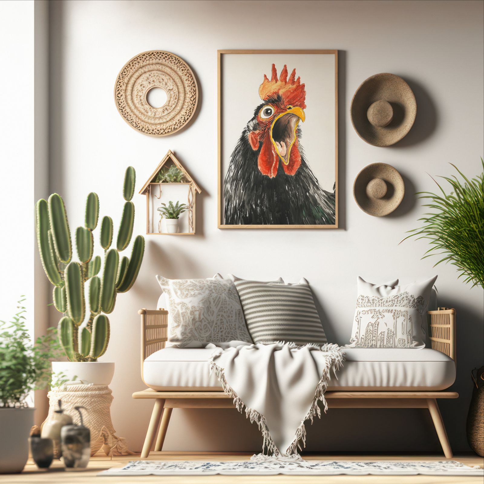 Screaming Rooster shown in a room — boho mockup