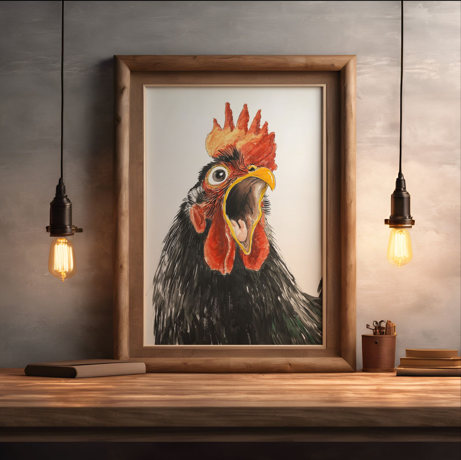 Screaming Rooster shown in a room — desk mockup