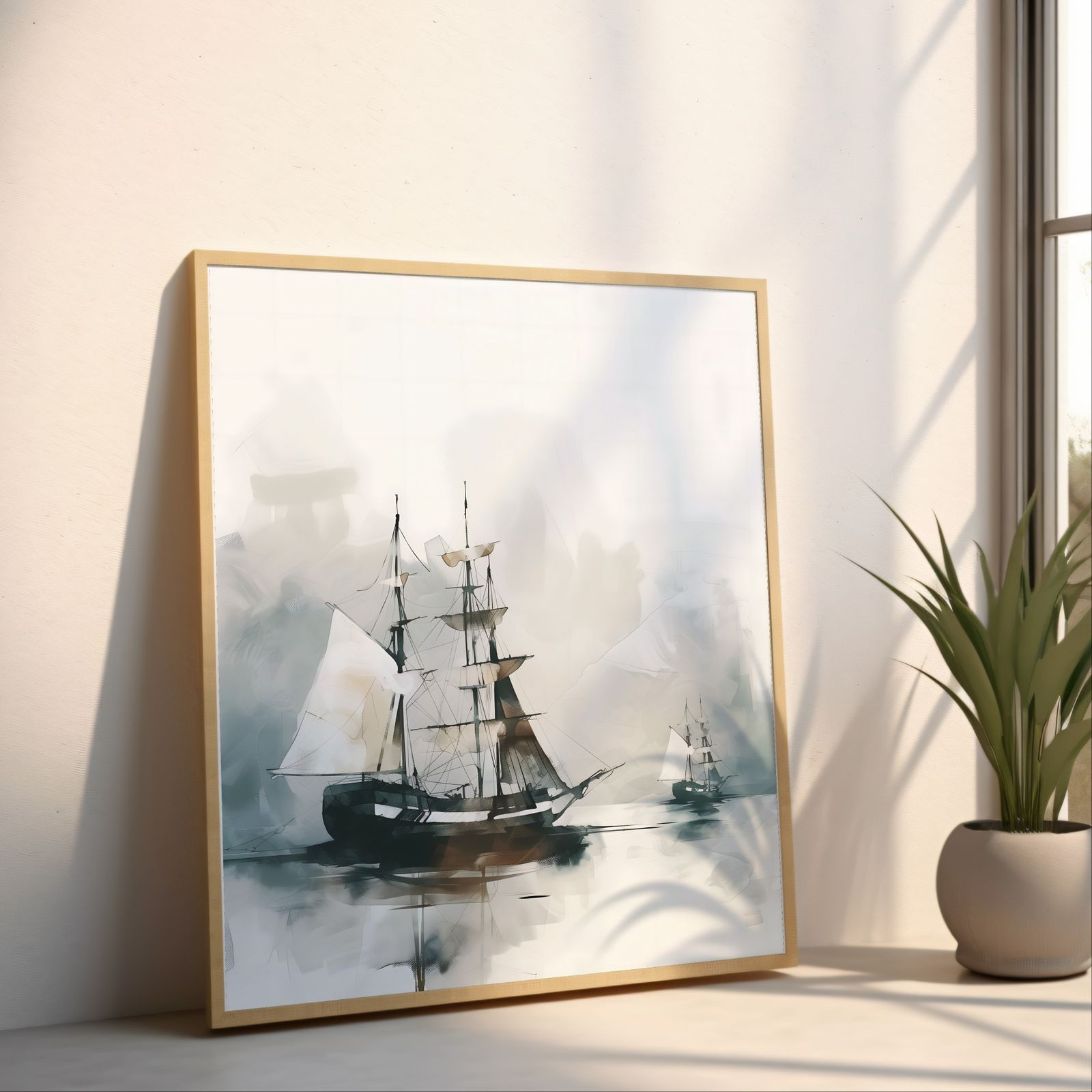 Ships in Fog shown in a room — angled mockup