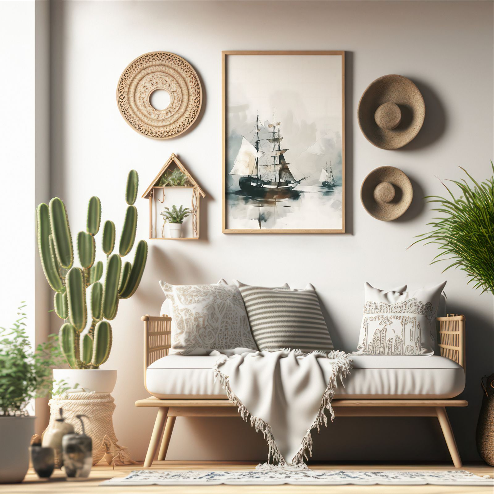 Ships in Fog shown in a room — boho mockup