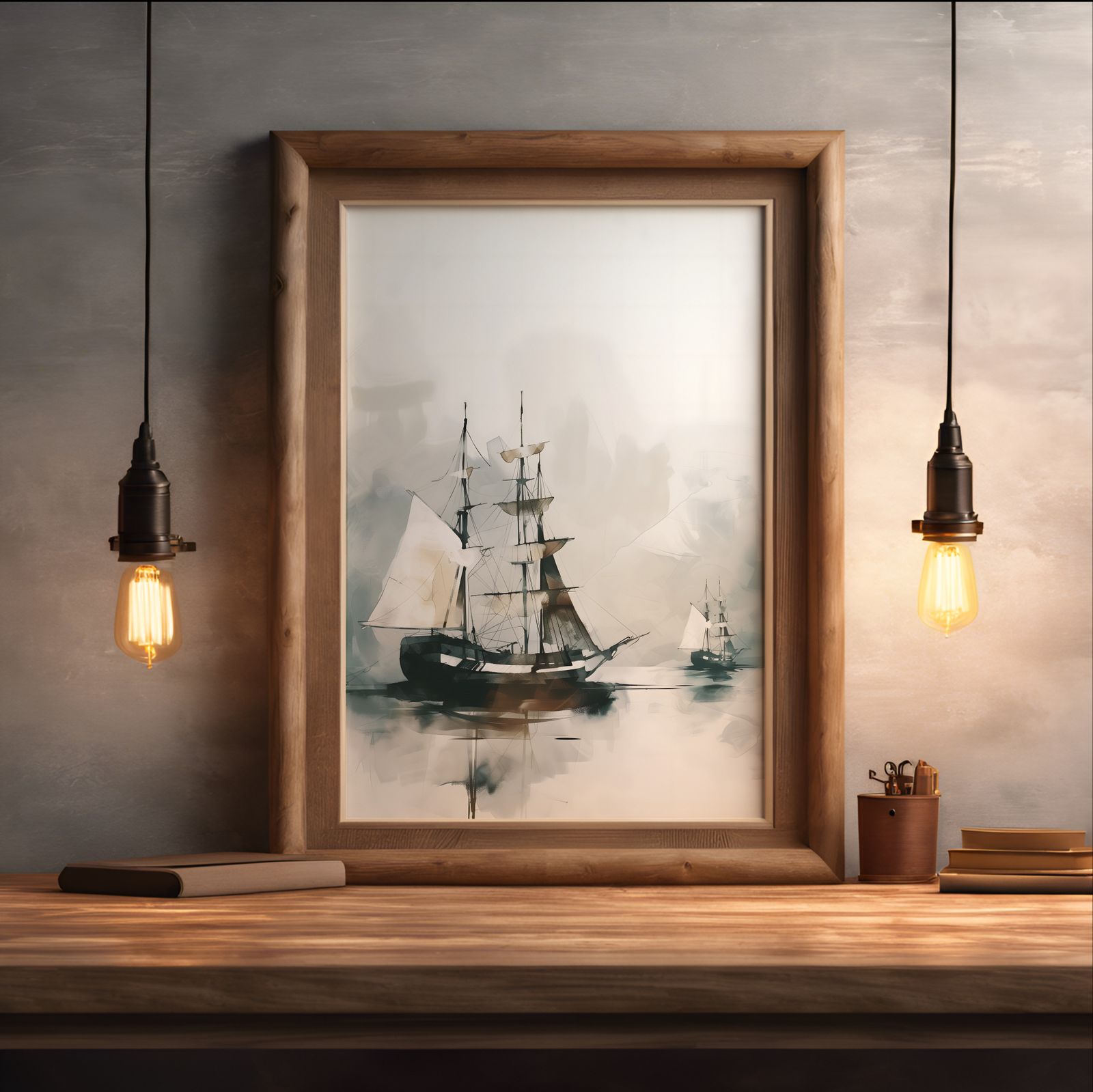 Ships in Fog shown in a room — desk mockup