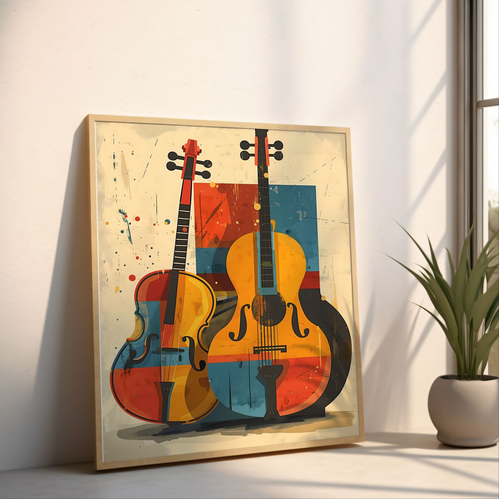 Cello and Double Bass shown in a room — angled mockup
