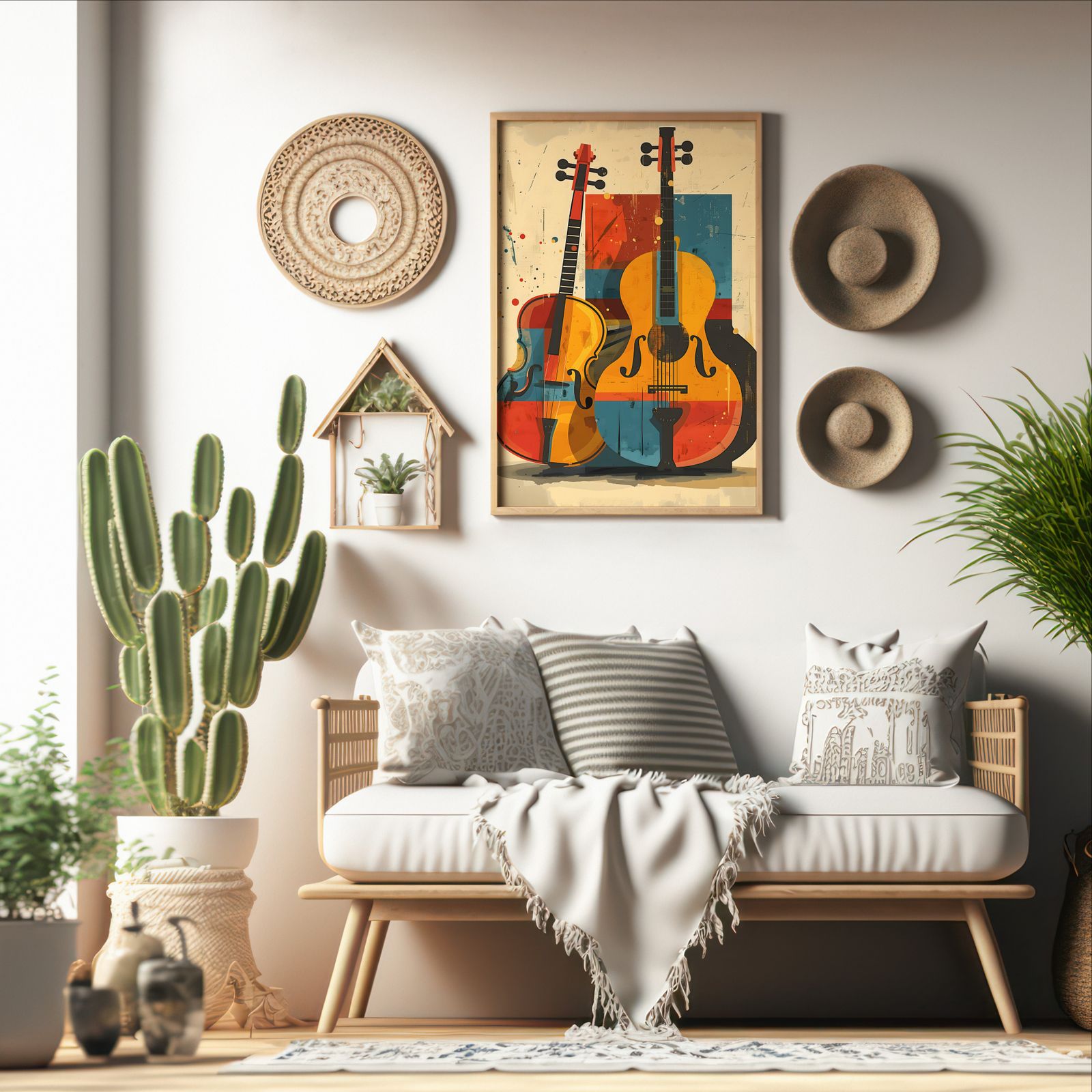 Cello and Double Bass shown in a room — boho mockup