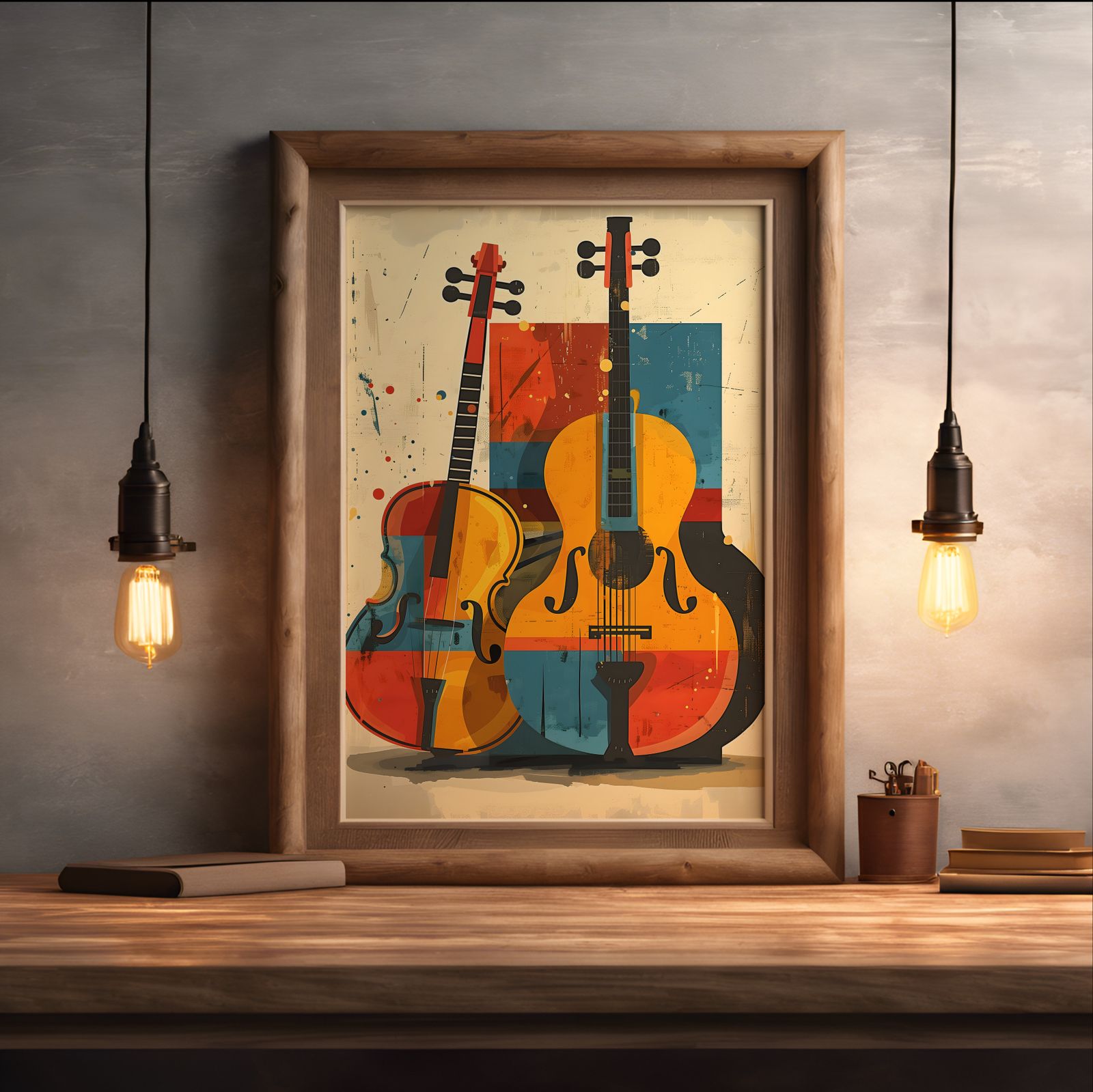 Cello and Double Bass shown in a room — desk mockup