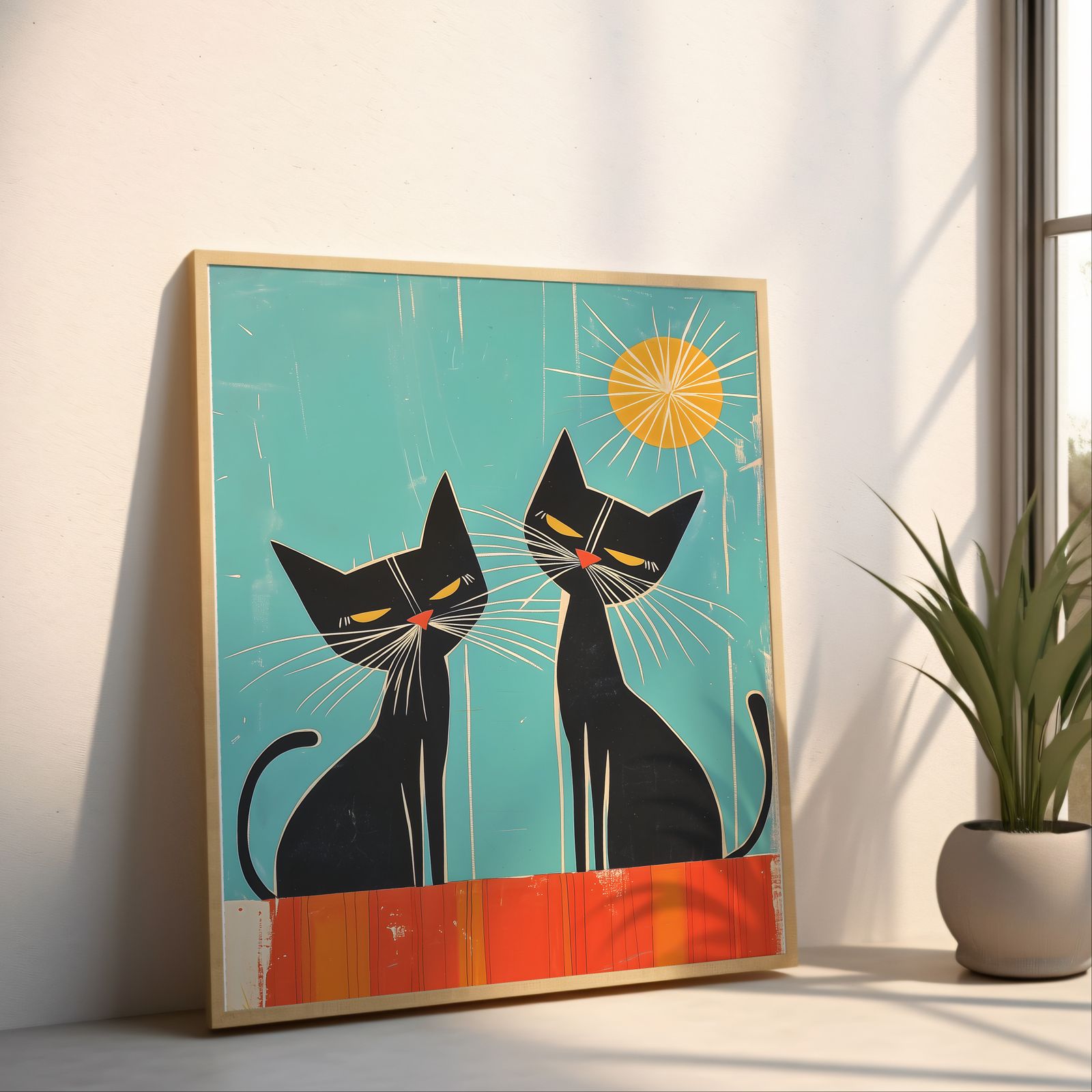 Summertime Cats shown in a room — angled mockup