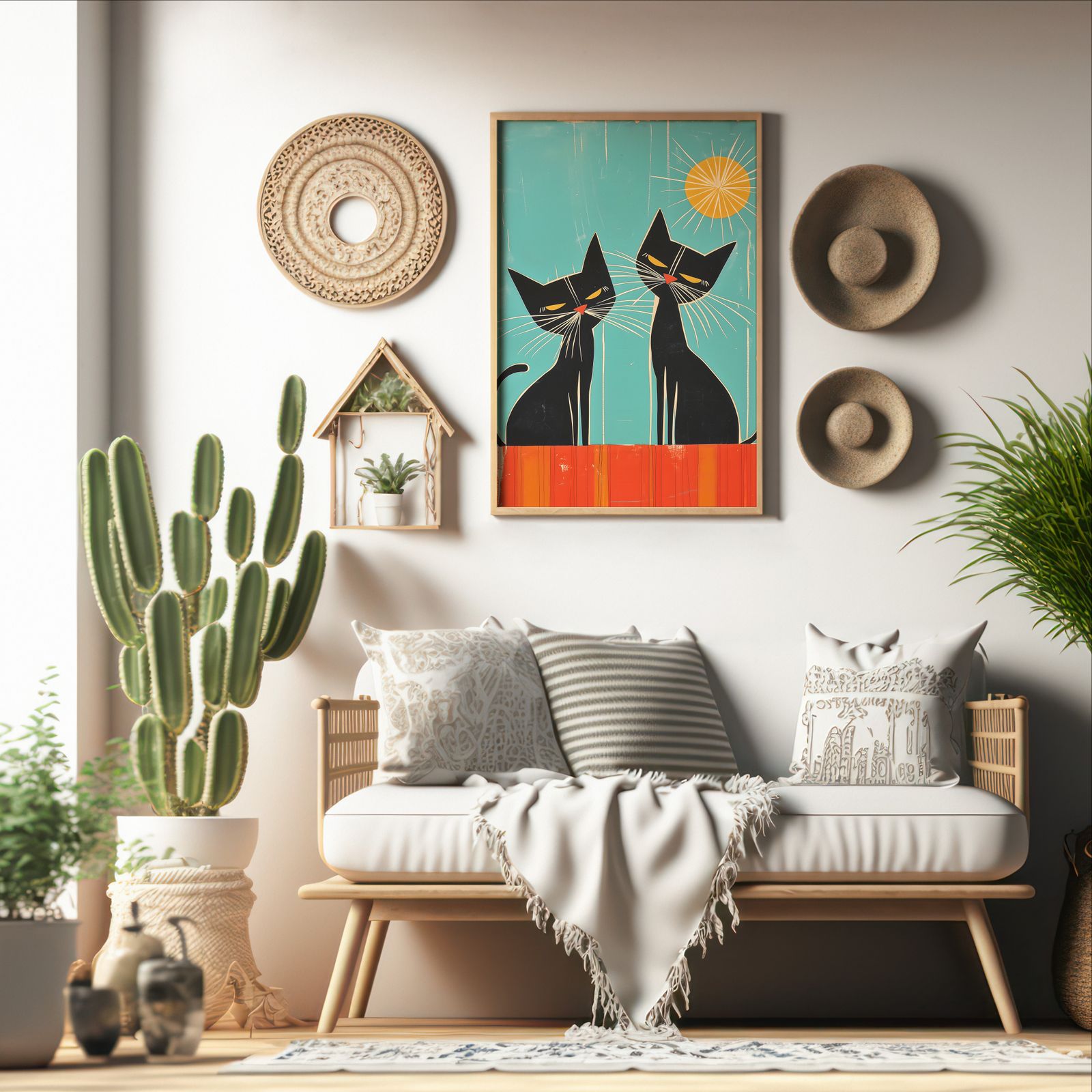 Summertime Cats shown in a room — boho mockup