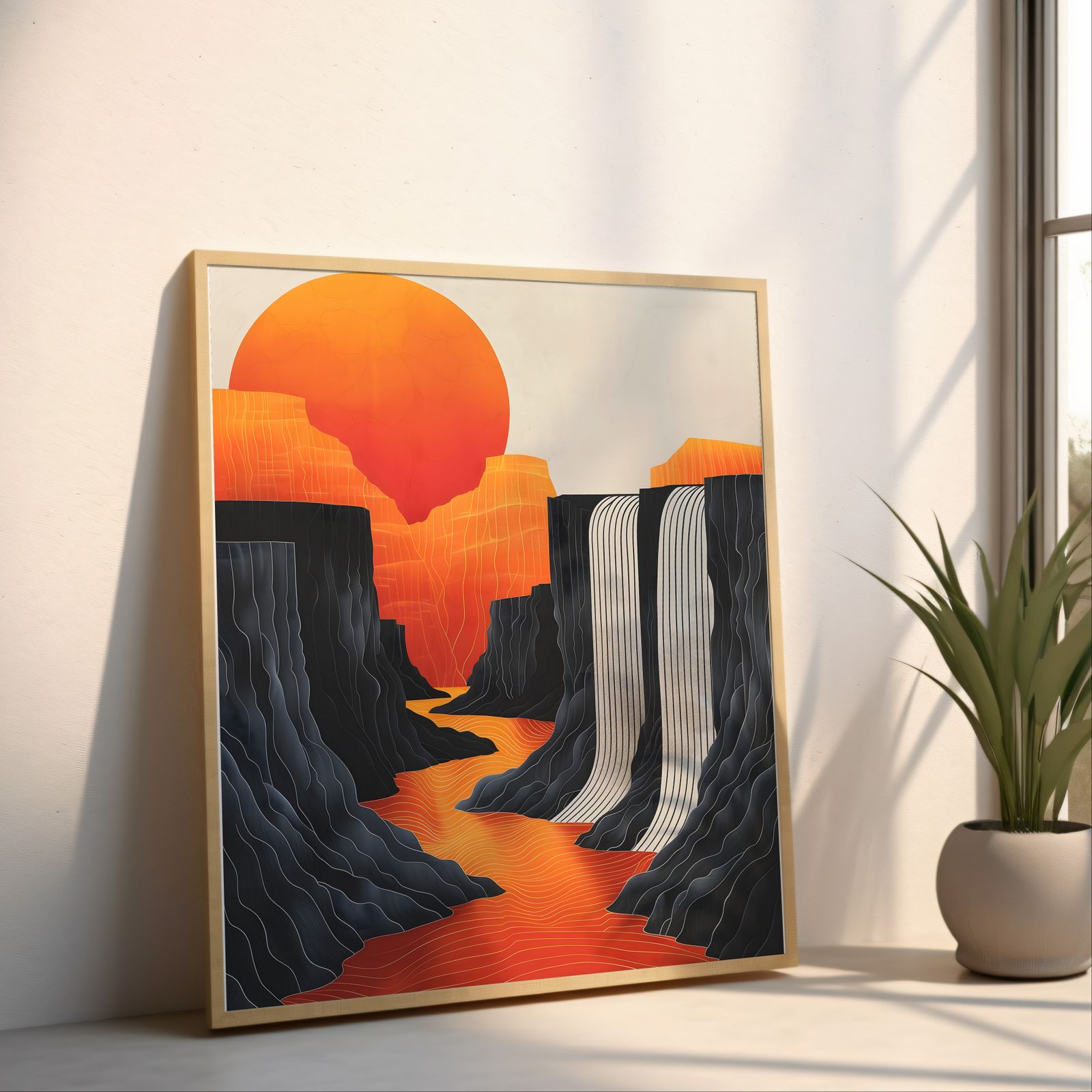 Sunrise over Waterfalls shown in a room — angled mockup