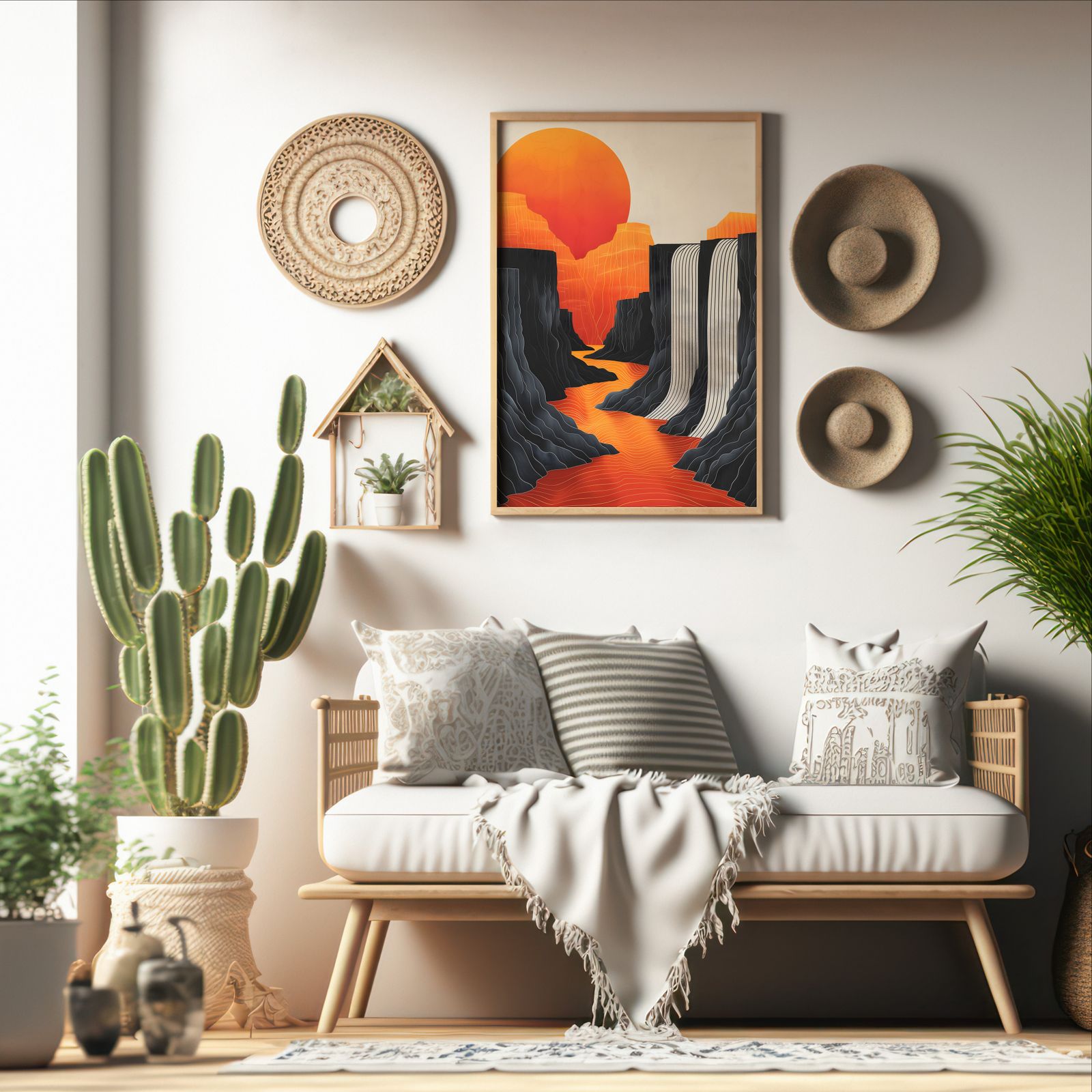Sunrise over Waterfalls shown in a room — boho mockup