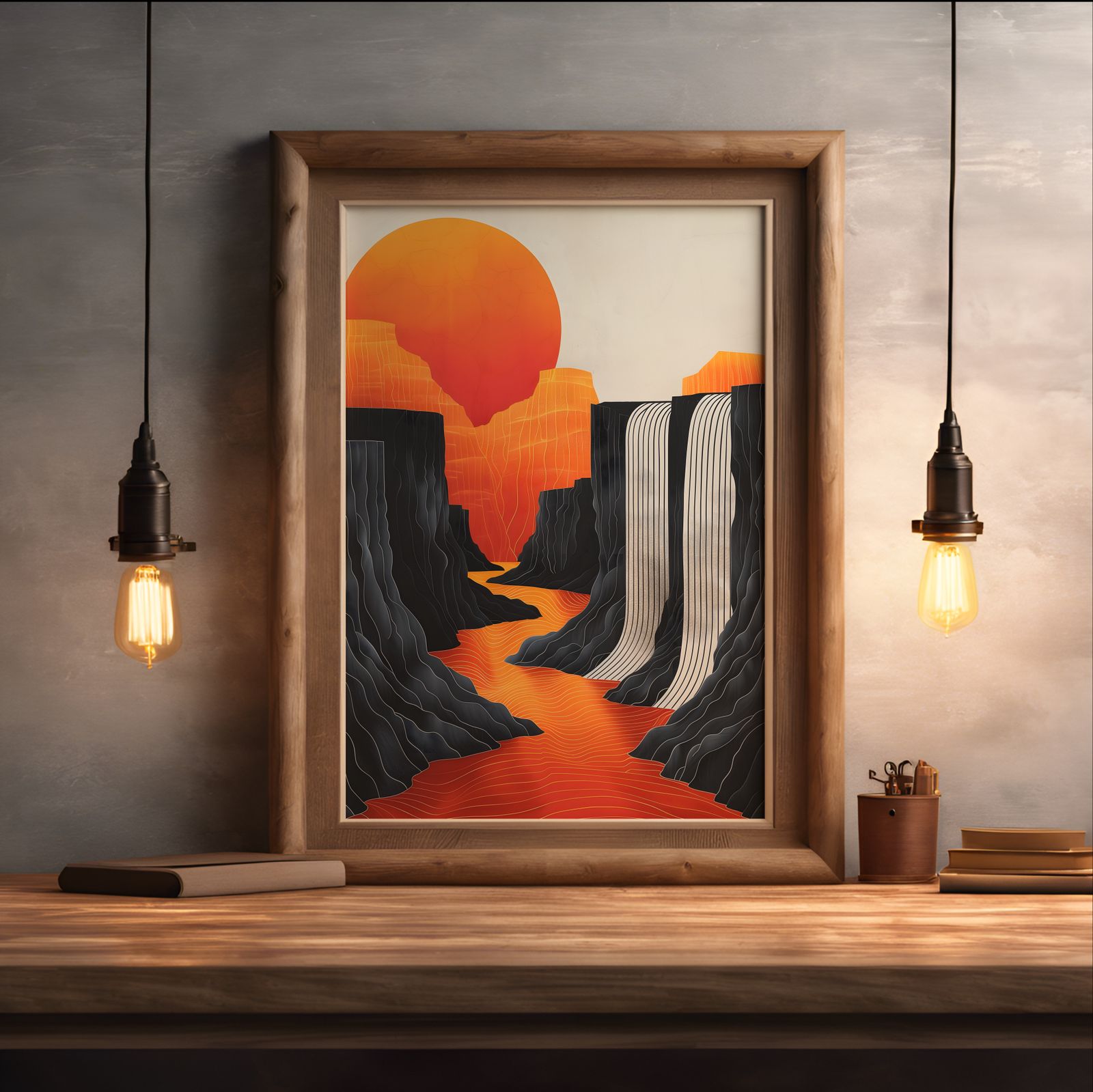 Sunrise over Waterfalls shown in a room — desk mockup