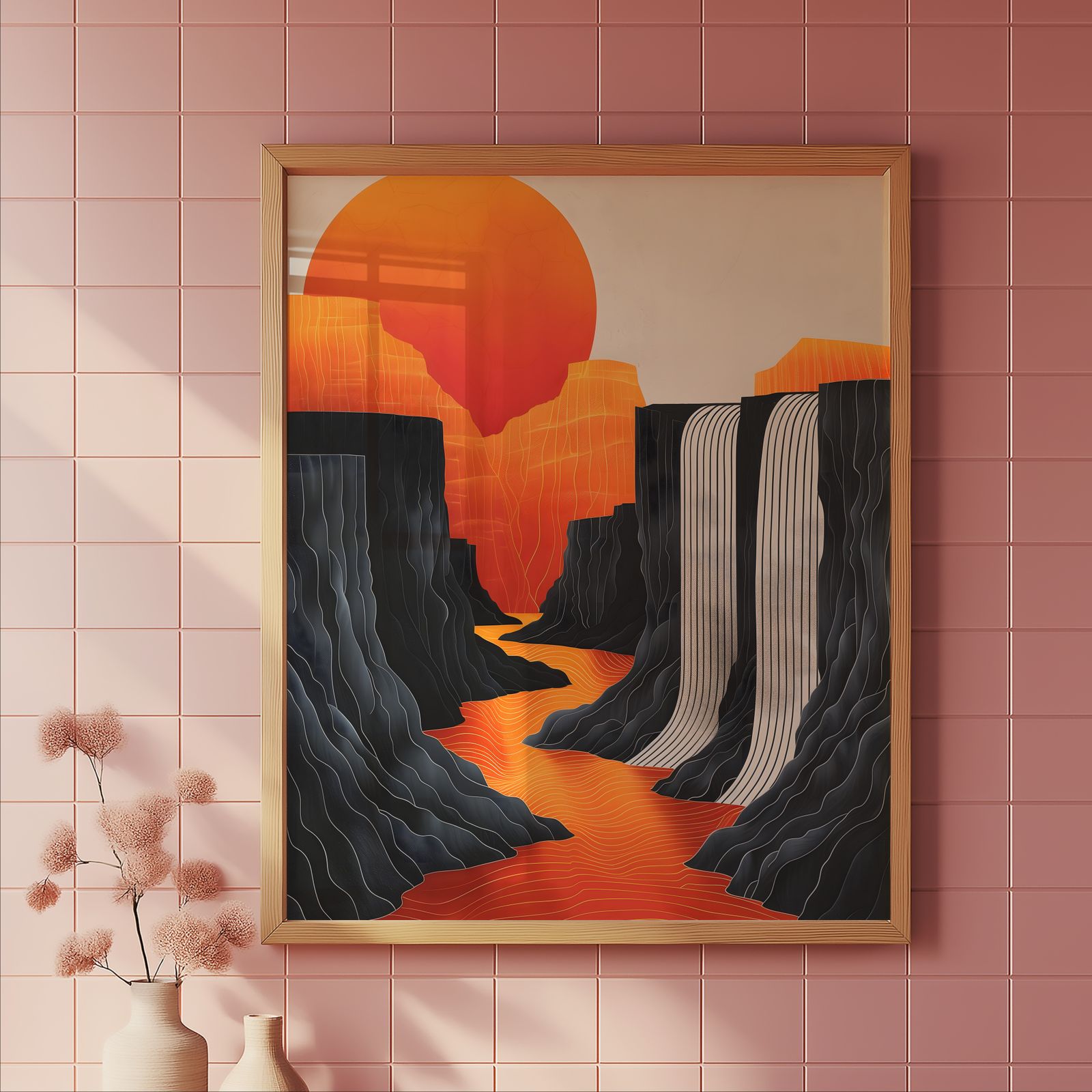 Sunrise over Waterfalls shown in a room — tile mockup