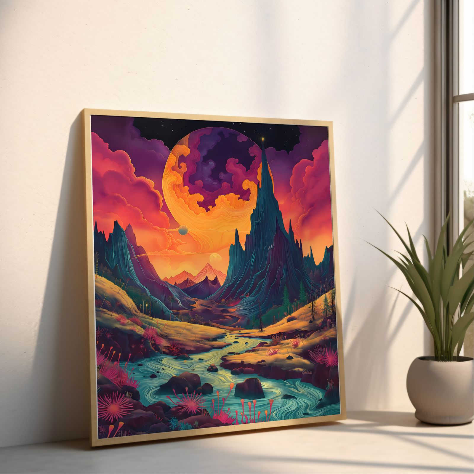 Under the Swirling Moon shown in a room — angled mockup
