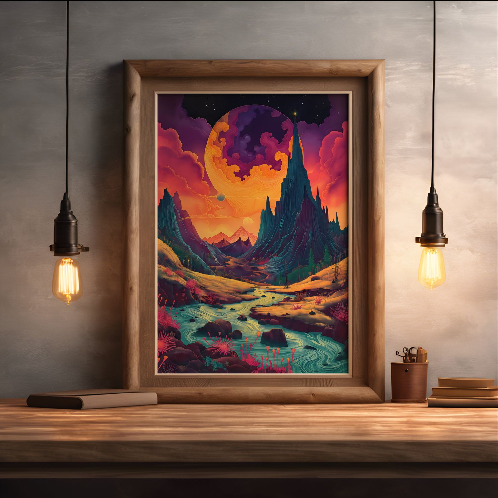 Under the Swirling Moon shown in a room — desk mockup