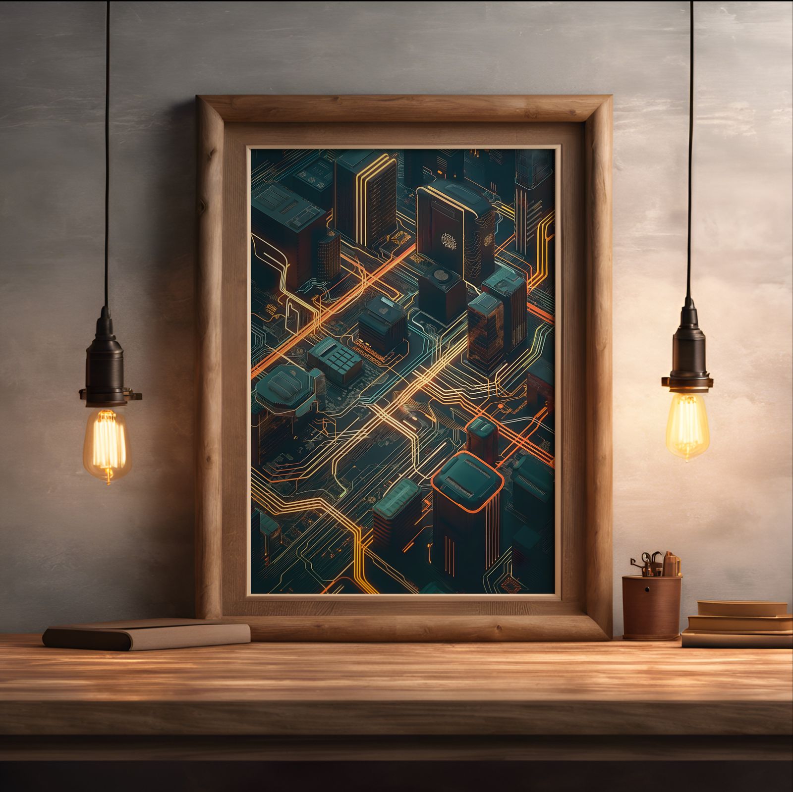 Tech City shown in a room — desk mockup