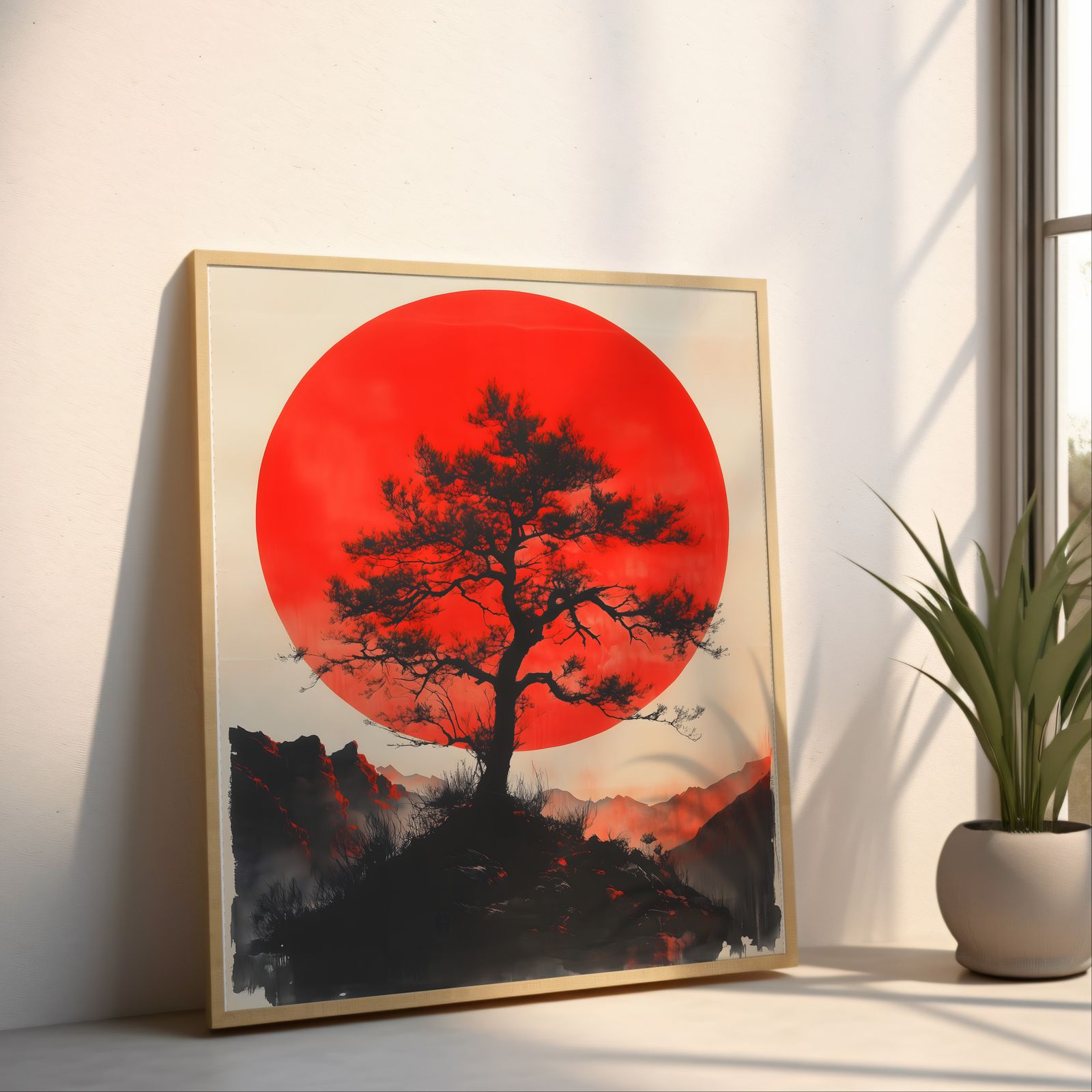 The Pine and the Red Sun shown in a room — angled mockup