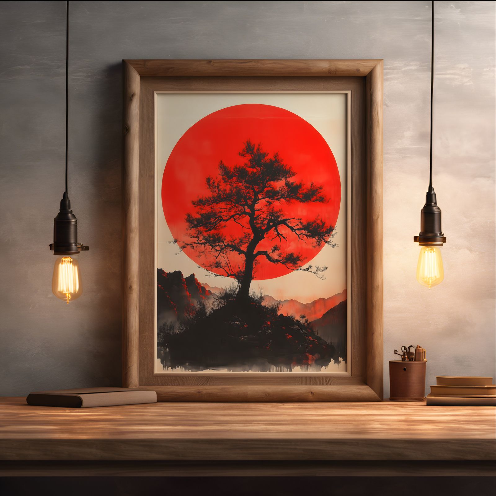 The Pine and the Red Sun shown in a room — desk mockup