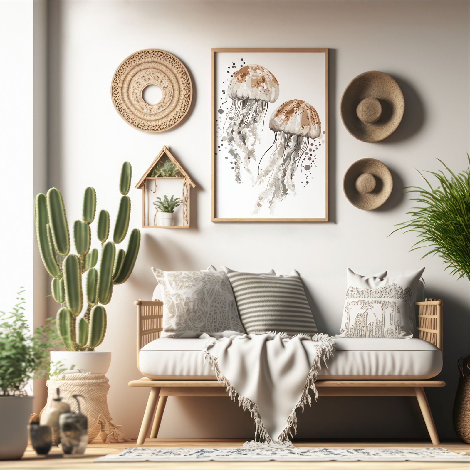 Twin Jellyfish shown in a room — boho mockup