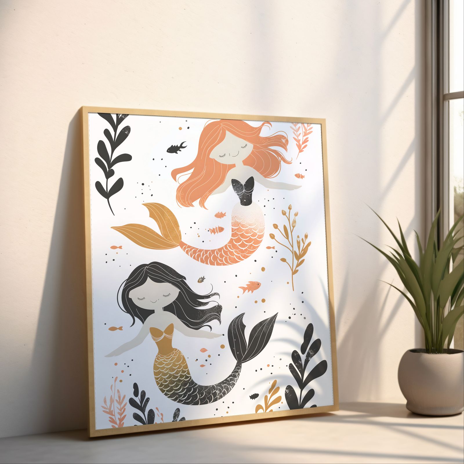 Twin Mermaids shown in a room — angled mockup