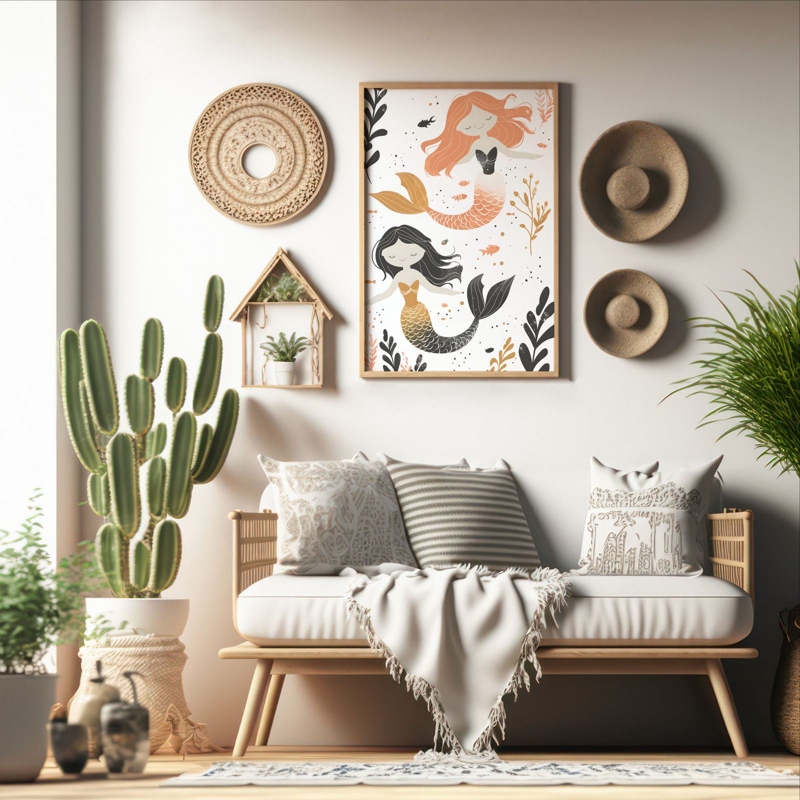 Twin Mermaids shown in a room — boho mockup