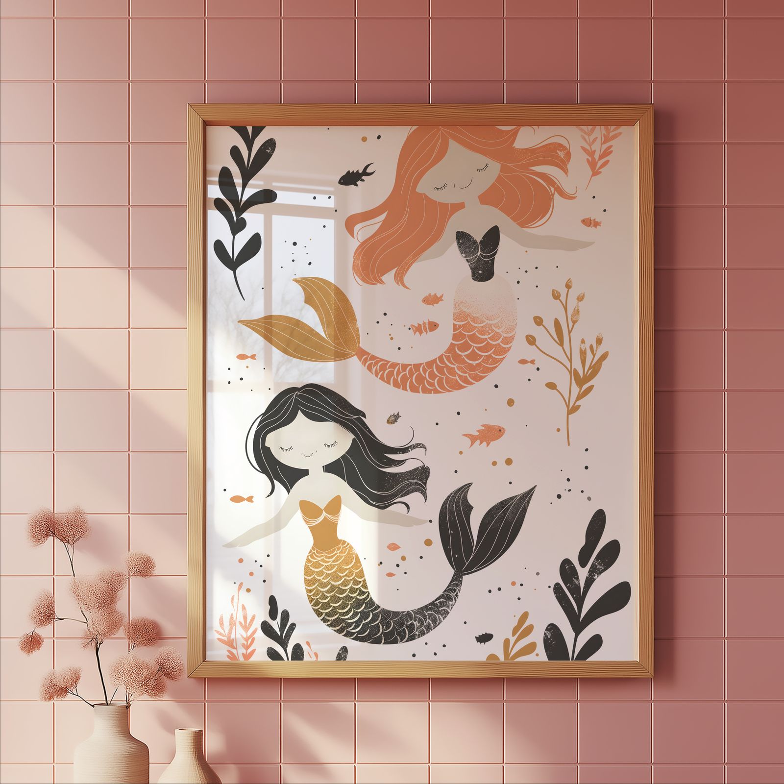 Twin Mermaids shown in a room — tile mockup