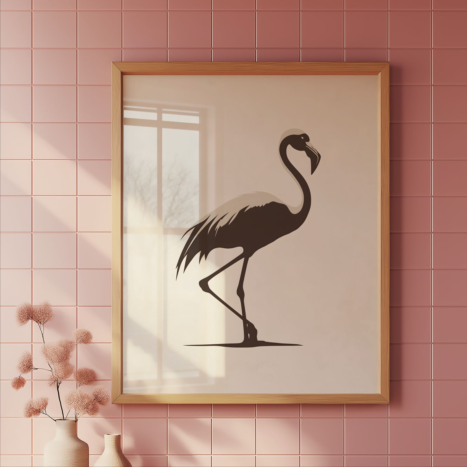 Minimalist Flamingo shown in a room — tile mockup