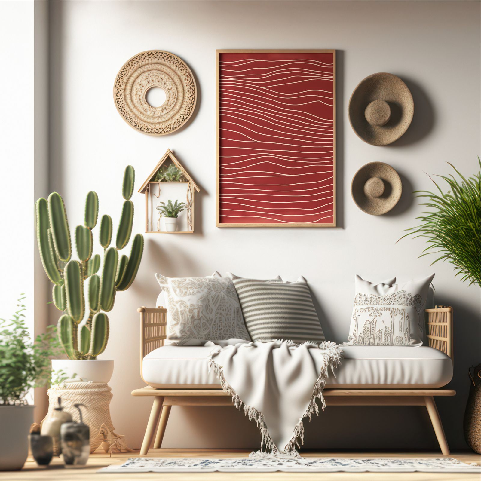 Waves in Red shown in a room — boho mockup