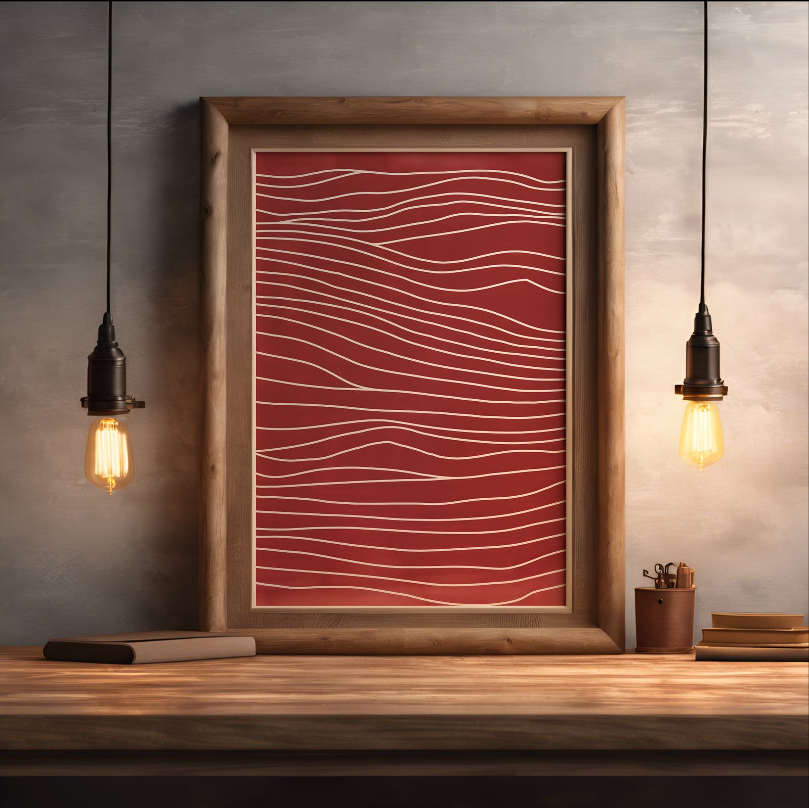 Waves in Red shown in a room — desk mockup