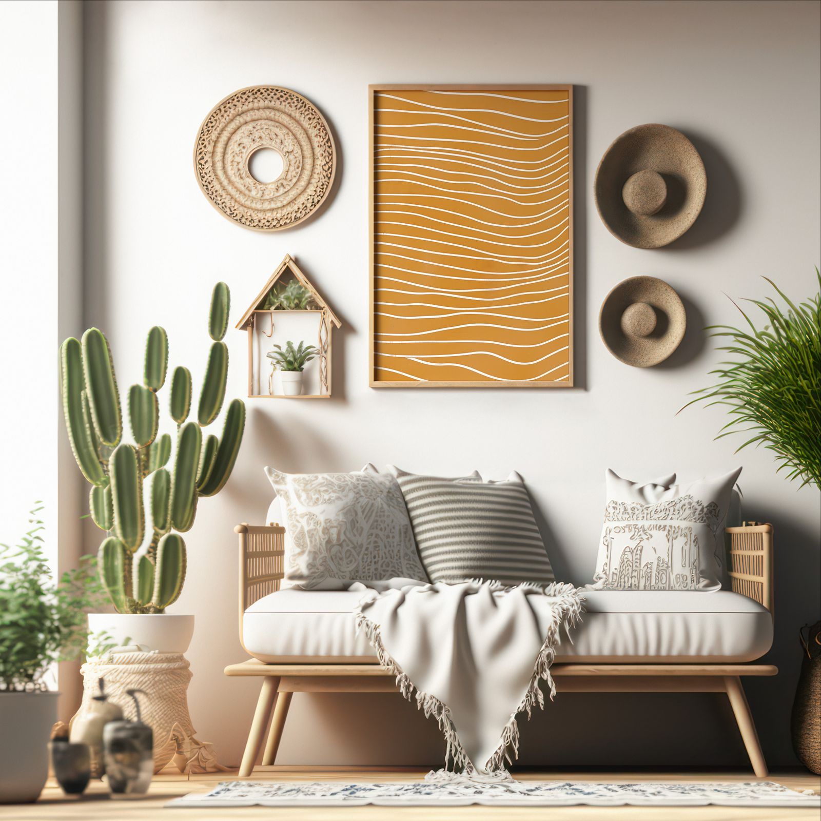 Waves in Yellow shown in a room — boho mockup