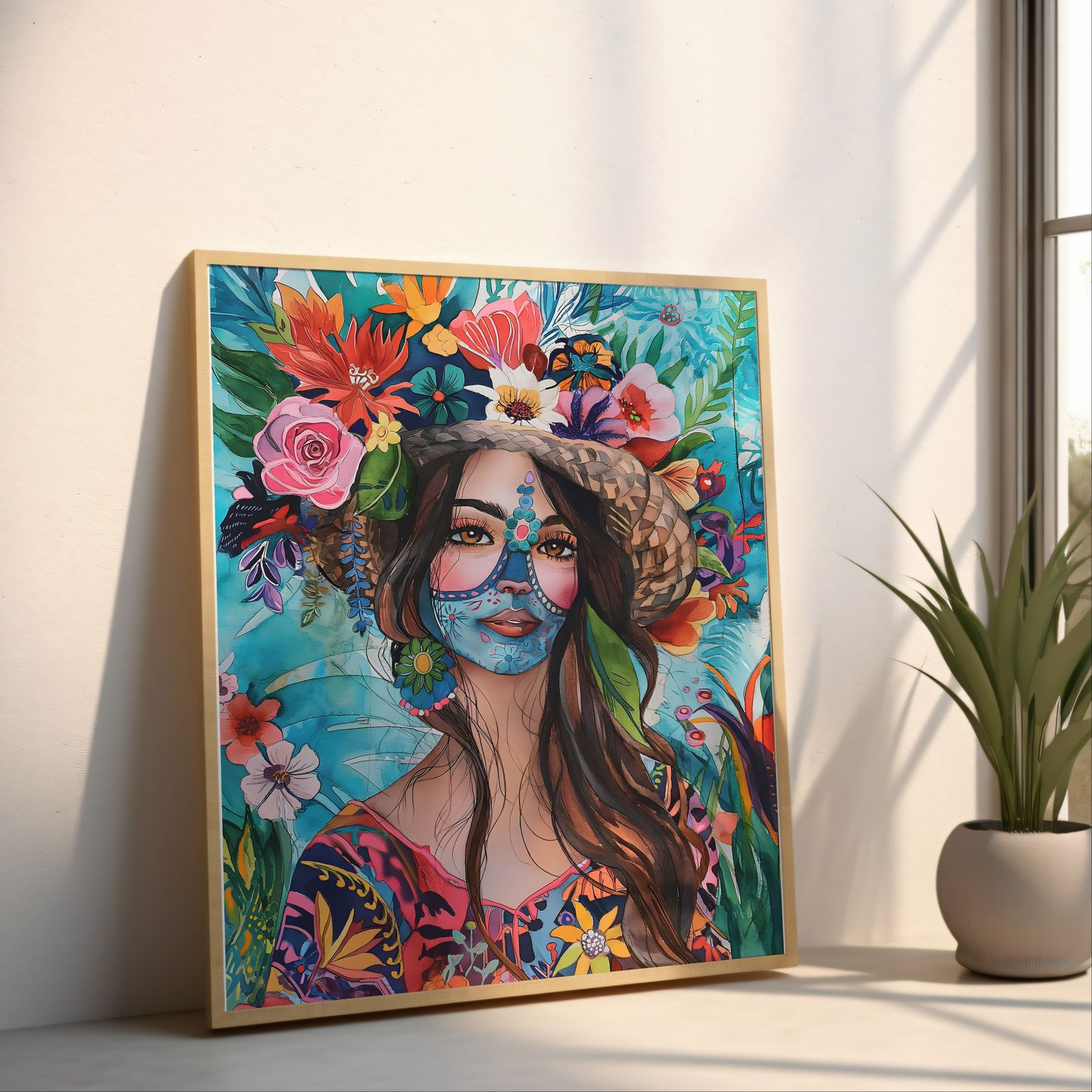 Woman with Flowers shown in a room — angled mockup