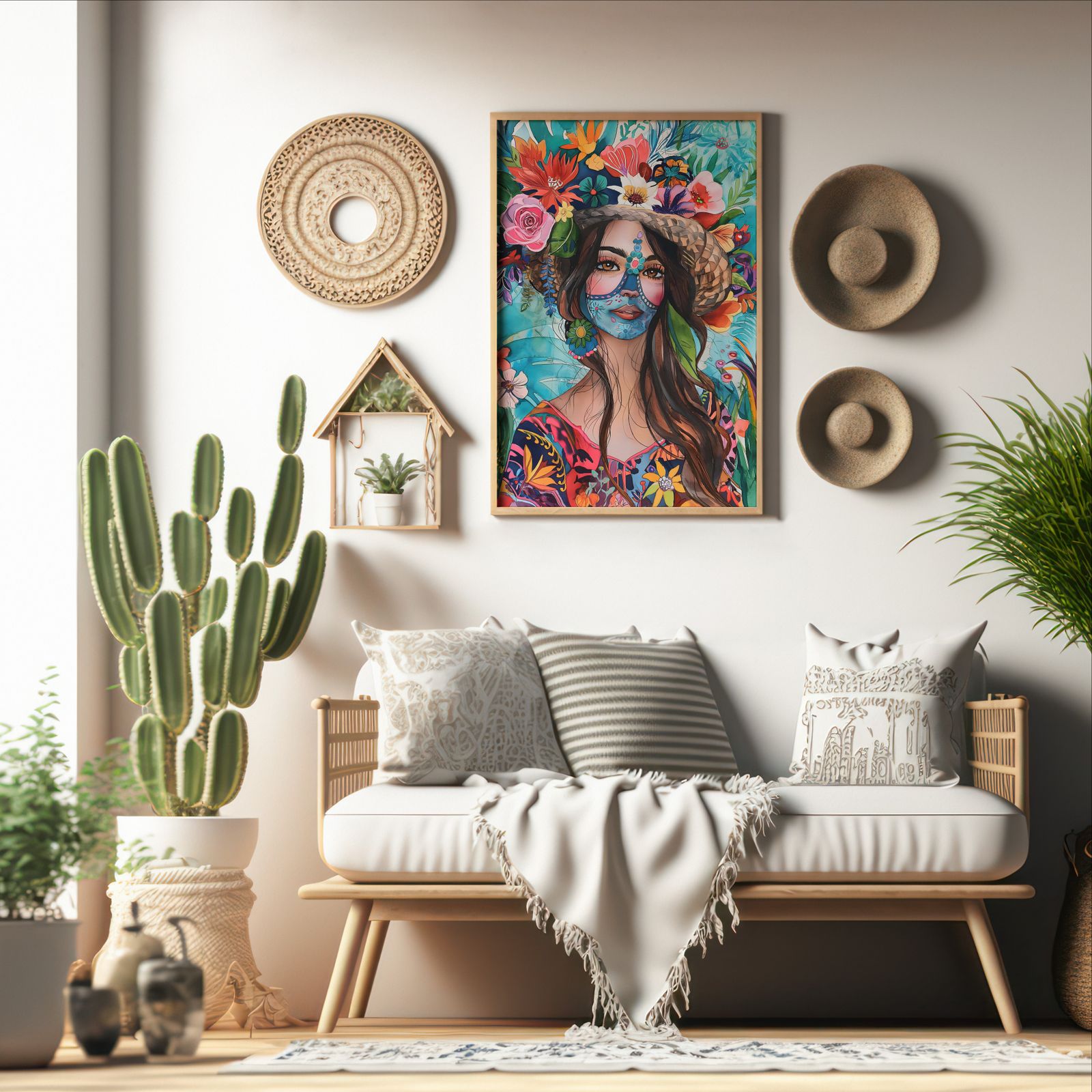 Woman with Flowers shown in a room — boho mockup