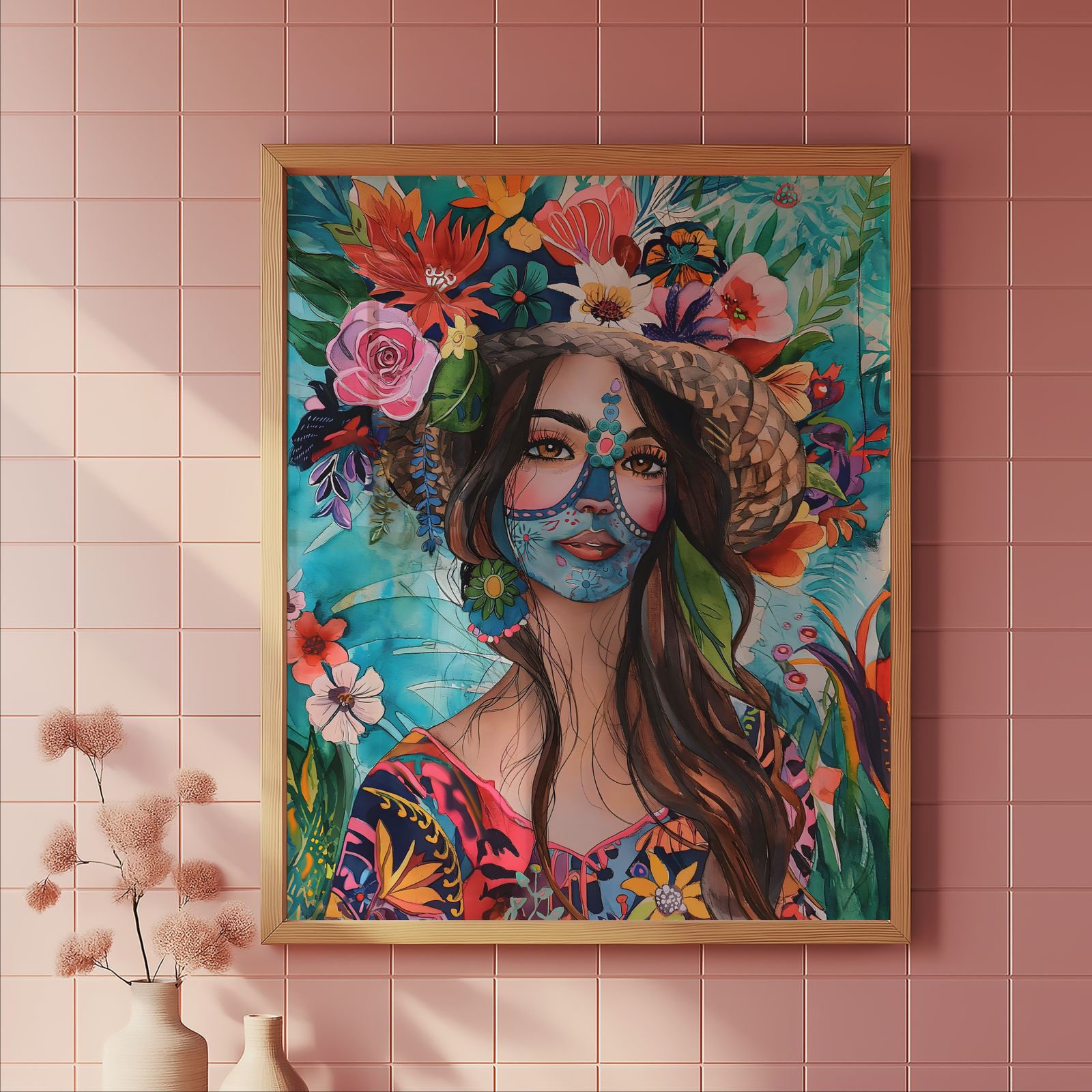Woman with Flowers shown in a room — tile mockup