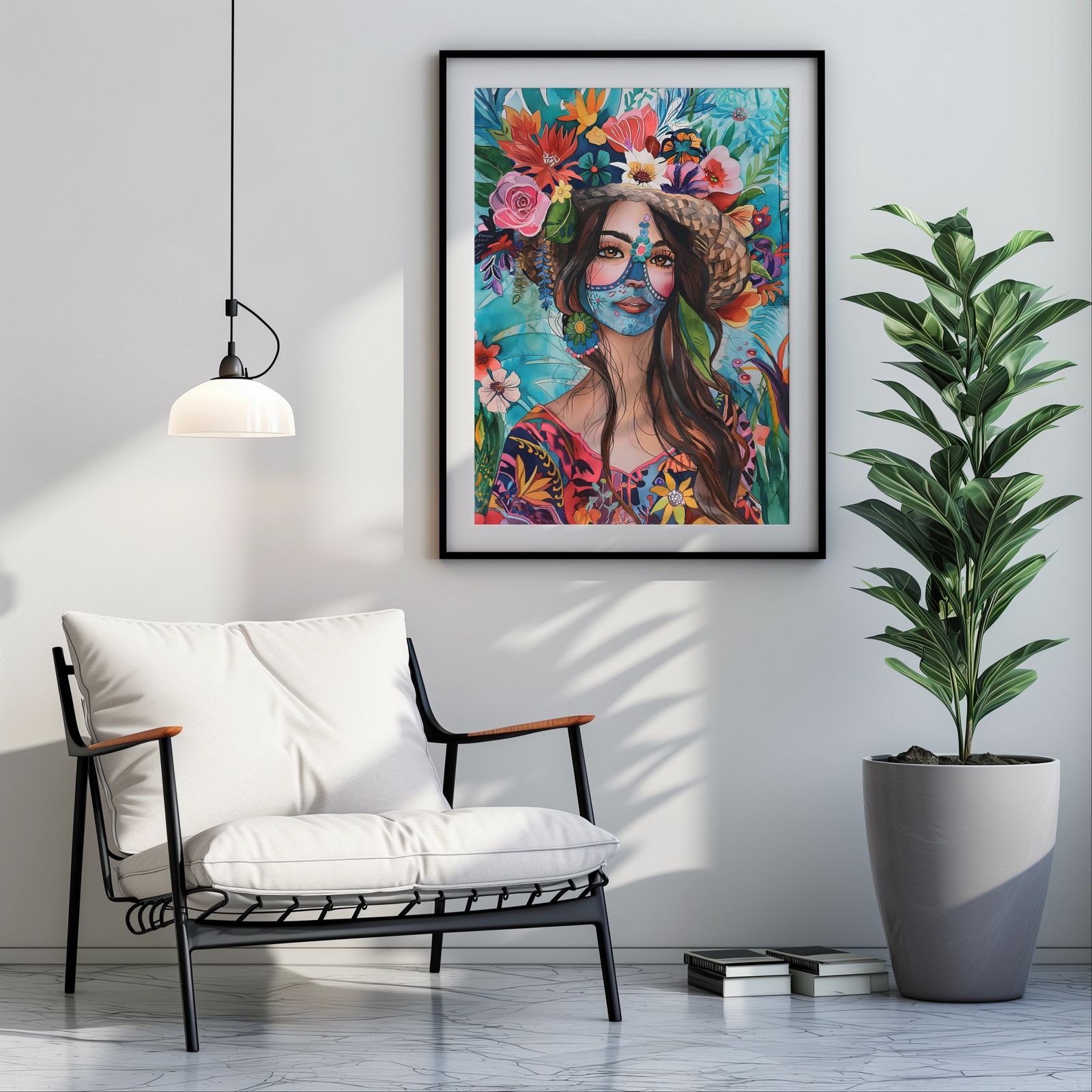 Woman with Flowers shown in a room — room mockup