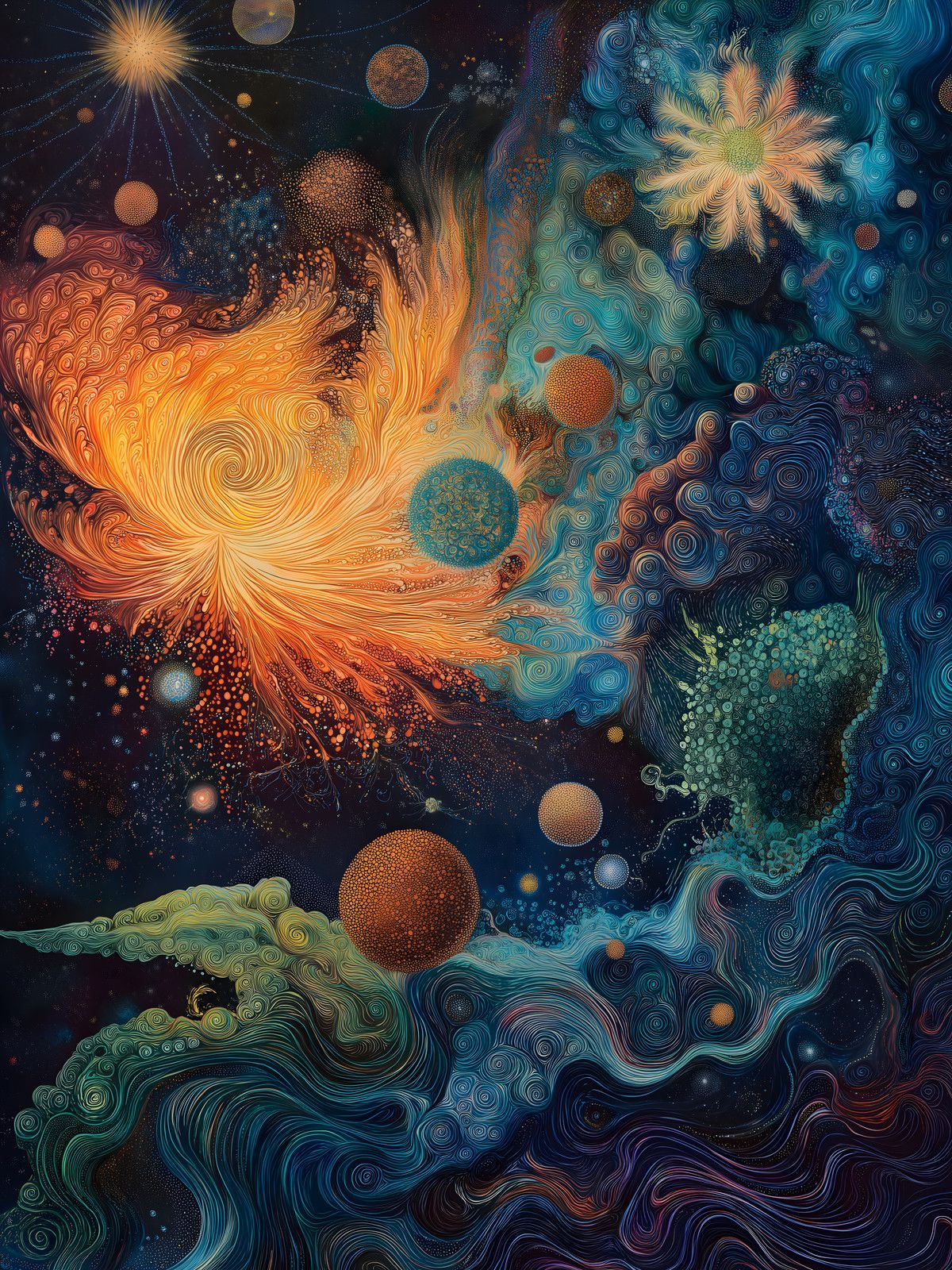 Cosmic scene in fine swirling linework: orange spiral vortex, teal and blue nebula currents, and stippled planets on navy.