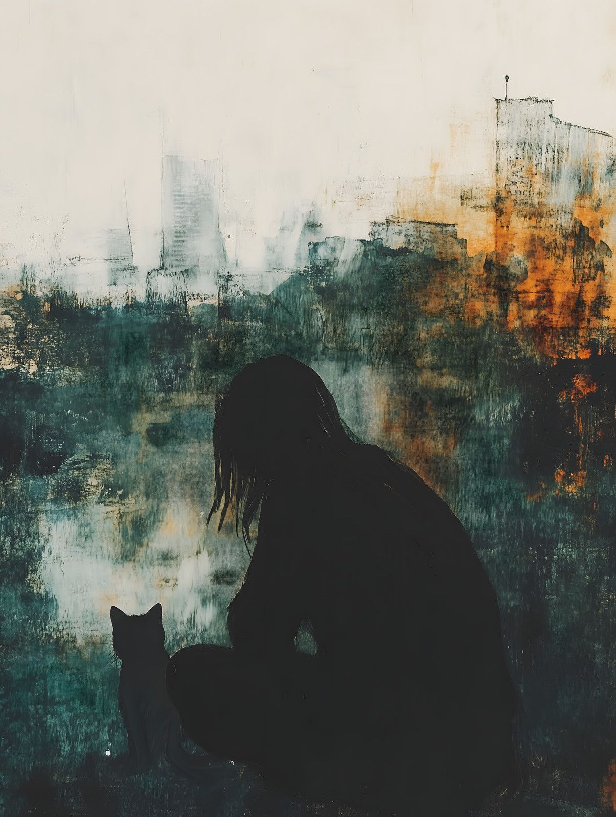 Black silhouette of a crouching long-haired person beside a small cat, against an abstract teal and rust cityscape.