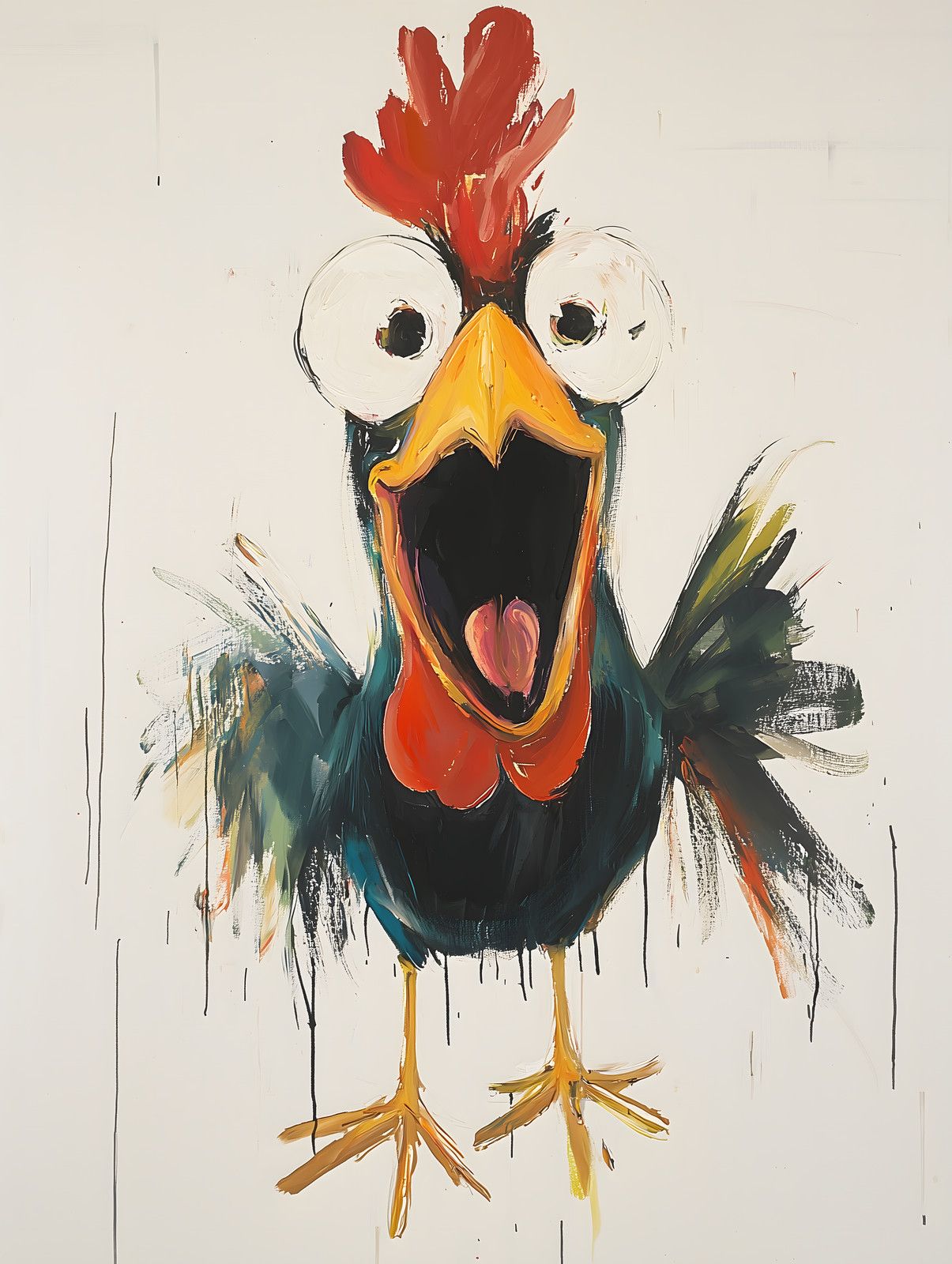 Expressive painting of a wide-eyed rooster with red comb, mouth open and tongue out, in thick dripping brushstrokes.