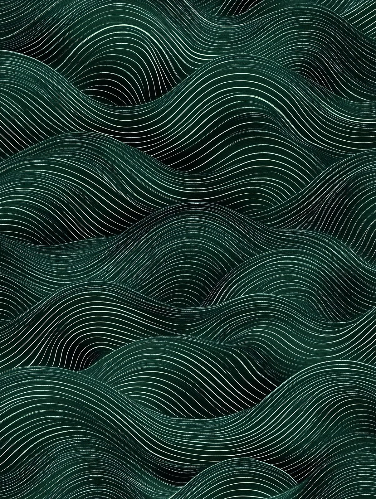 Overlapping wave-like mounds drawn in fine white contour lines on a dark forest green background, filling the whole frame.