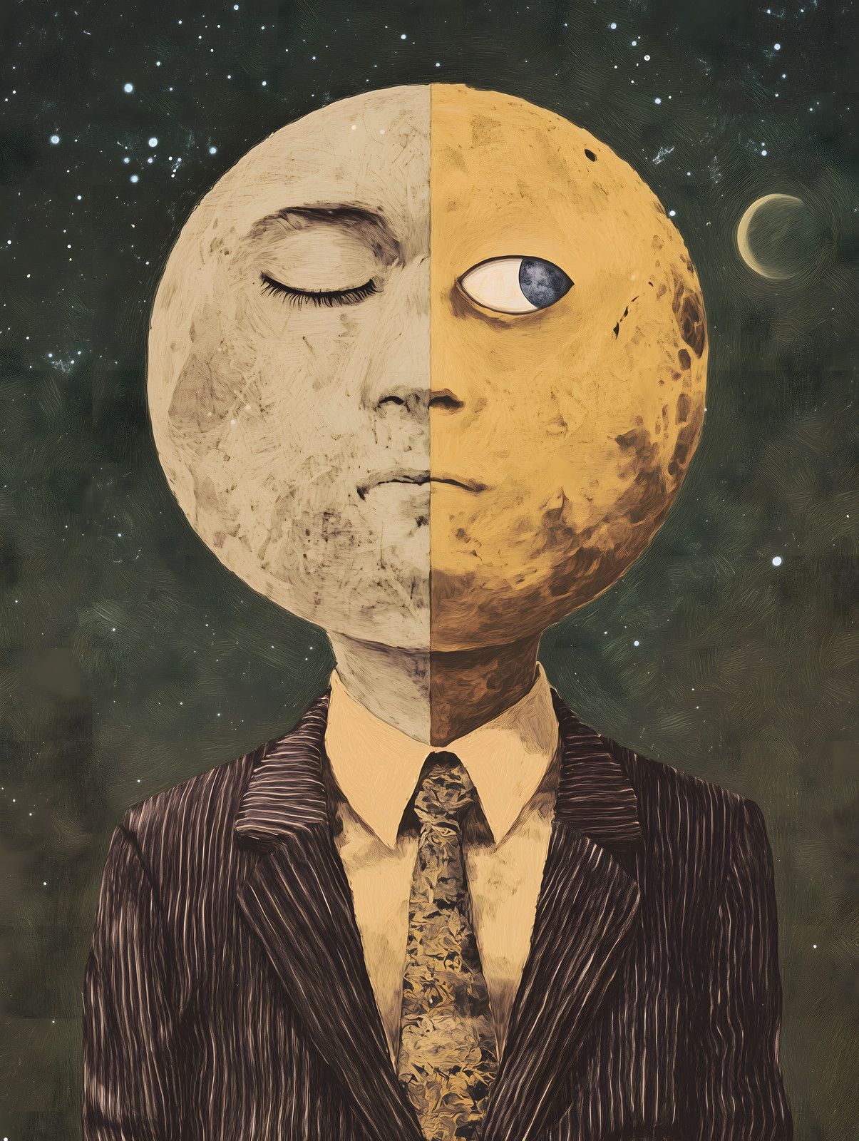 Figure in pinstriped suit with a split moon head: pale half with closed eye, golden half with one open eye, night sky behind.