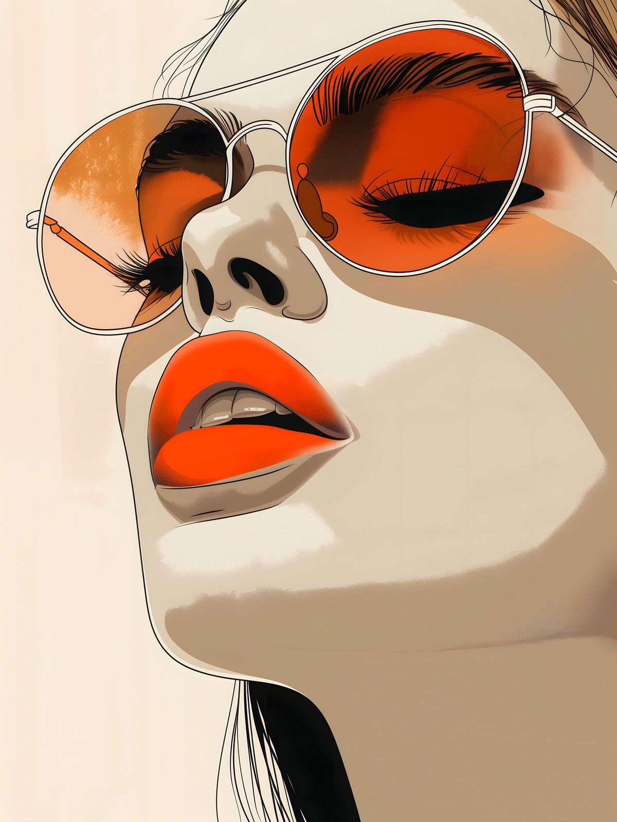 Pop illustration close-up of a woman's face in round orange-lens aviator sunglasses with glossy orange-red lips.