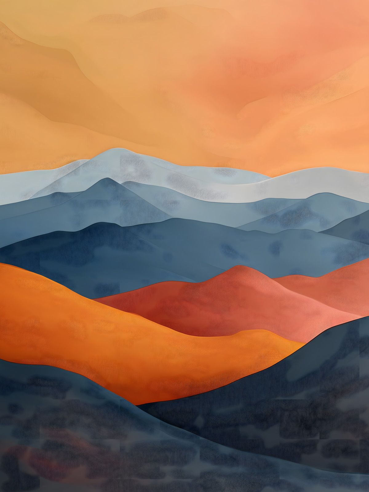 Flat minimalist mountain layers in apricot, powder blue, slate, orange, coral and navy under a hazy apricot sky.