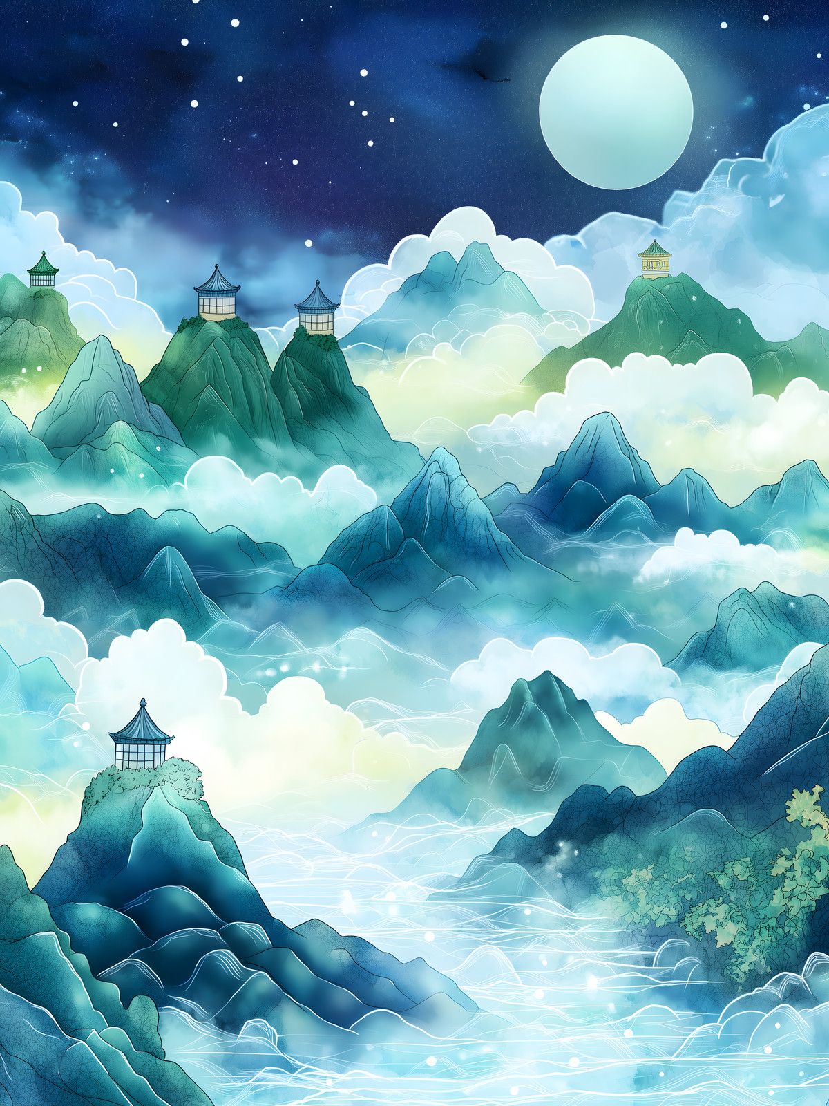 Blue-green mountains rise as islands from cloud seas under a full moon, small pavilions on the summits, starry indigo sky.