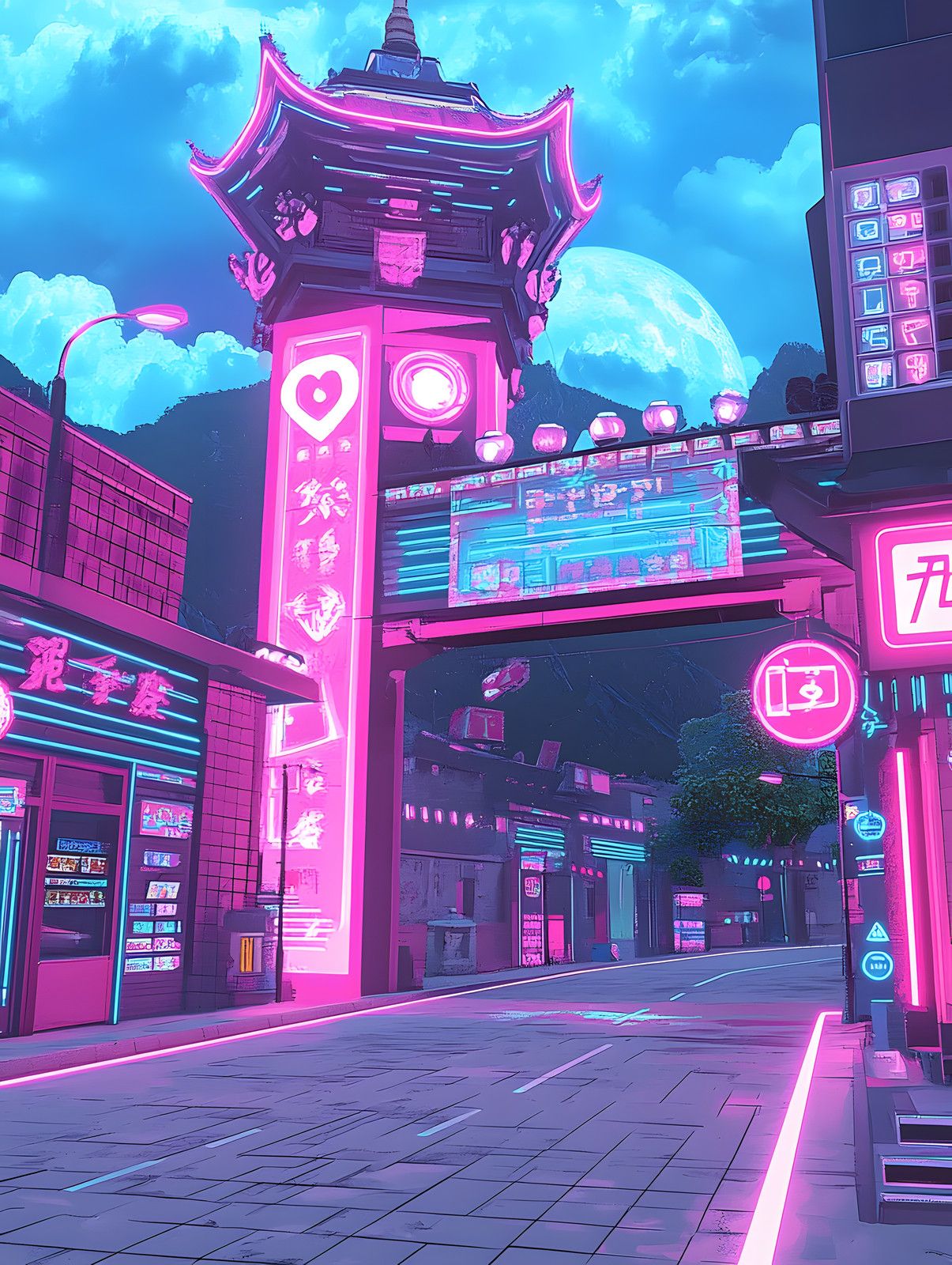 Empty neon-lit street at night with a pink pagoda gate tower, heart sign, glowing kanji storefronts, and a moon behind.