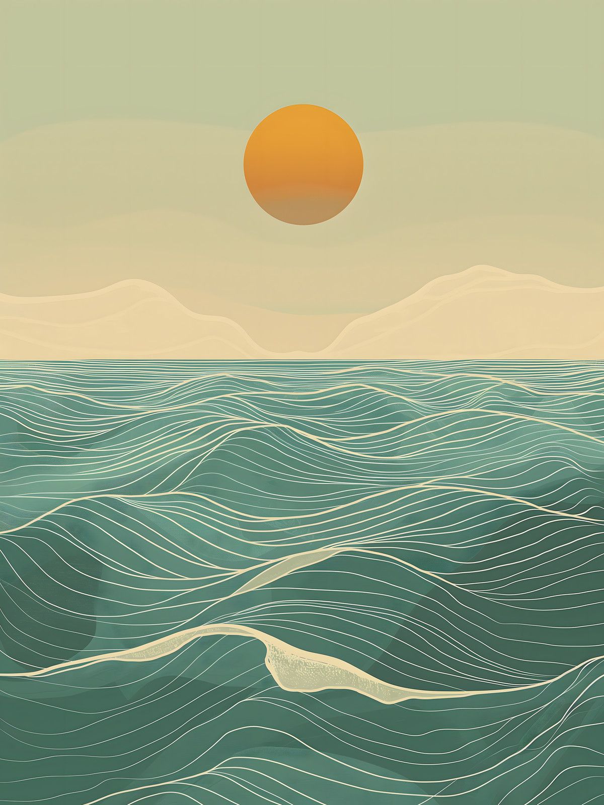 Flat minimalist seascape of teal-green waves drawn in cream contour lines under a flat orange sun in a sage sky.