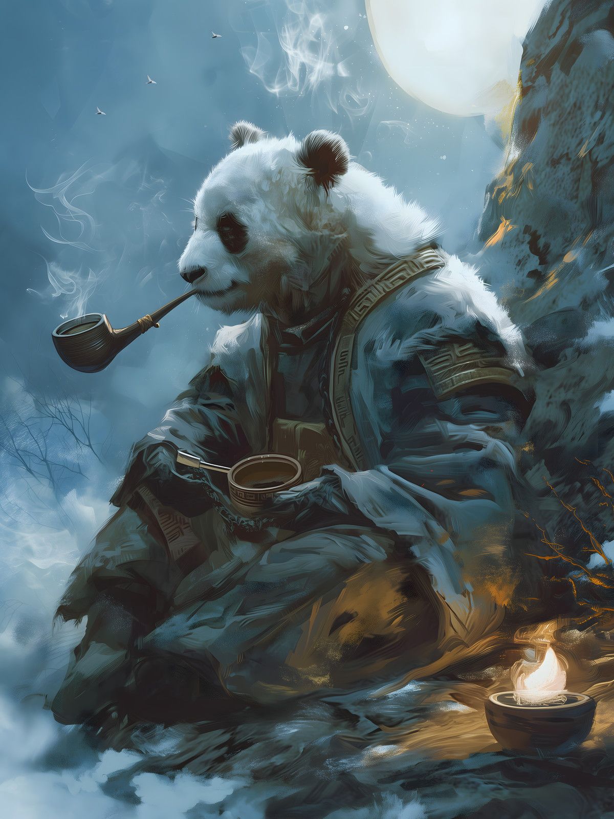 Painting of a panda in an embroidered robe sitting on a snowy ledge smoking a long pipe, with a tea bowl, candle and moon.